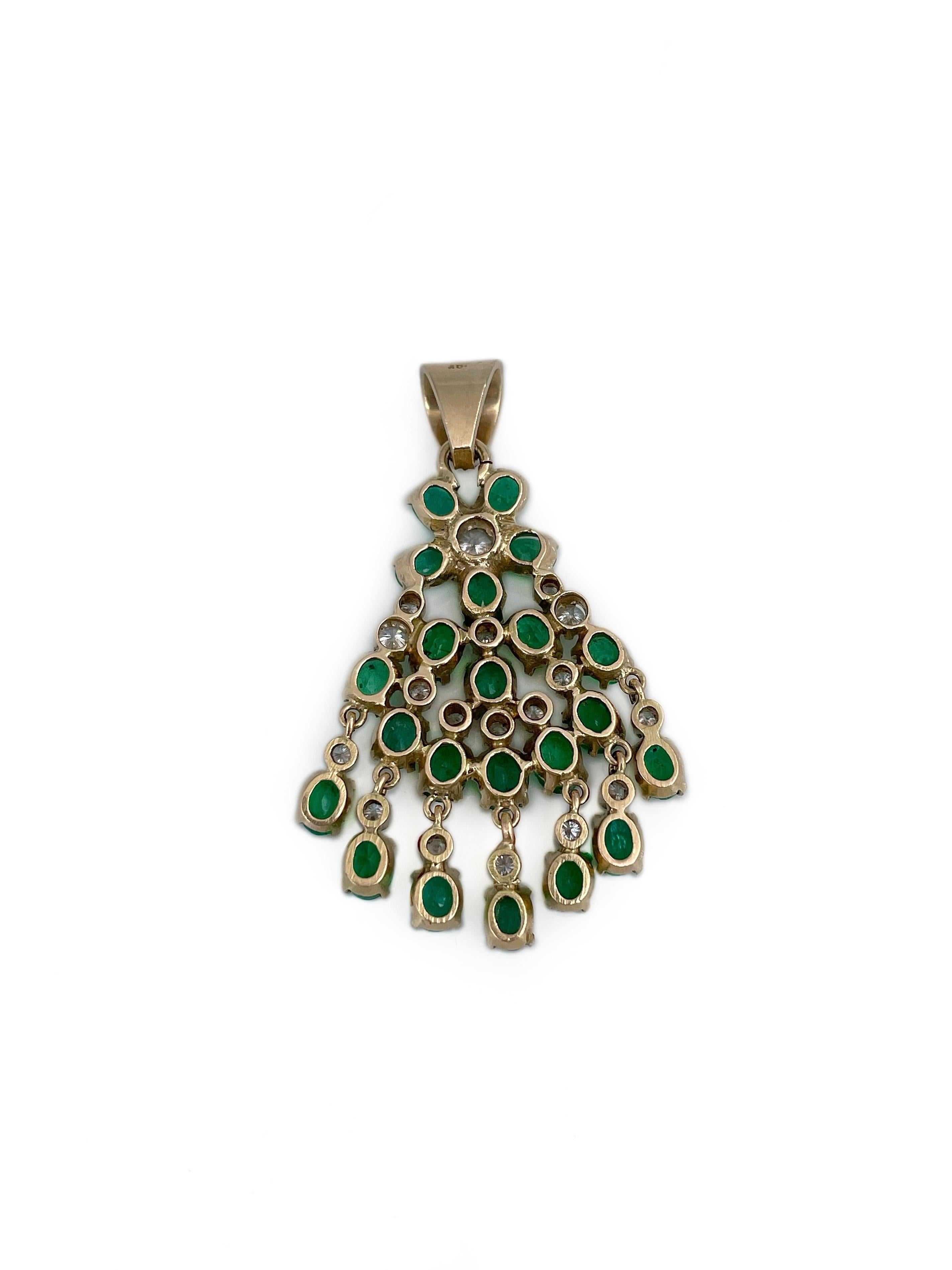 Women's Vintage 14 Karat Gold 3.00 Carat Emerald 0.60 Carat Diamond Floral Pendant For Sale