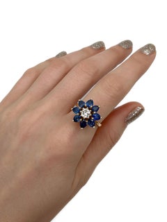 Bague cocktail vintage en or 14 carats, sertie d'un saphir de 3,20 carats et d'un diamant de 0,48 carat