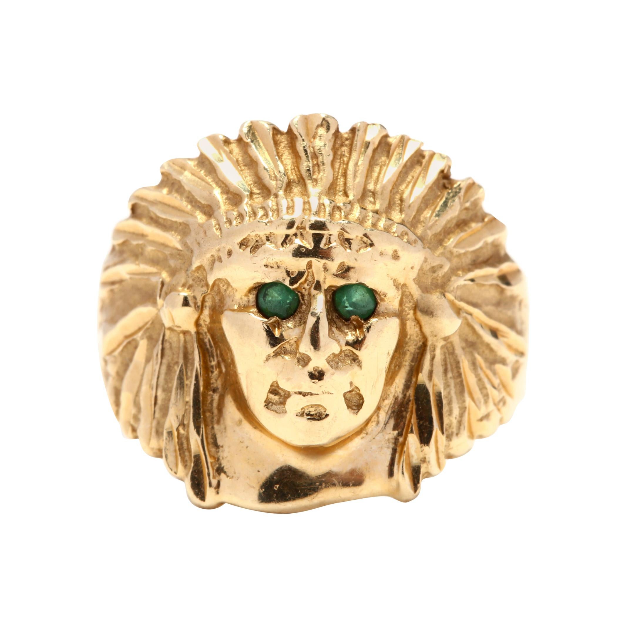 Vintage 14 Karat Gold and Emerald Indian Head Ring