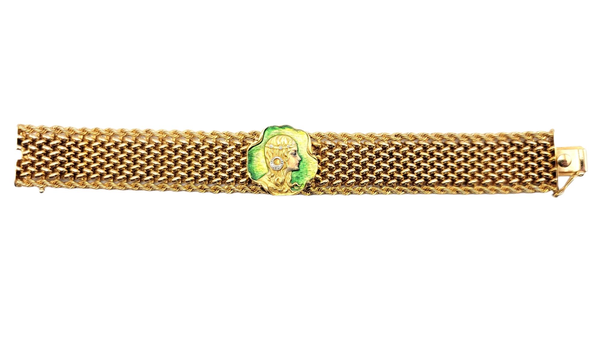 Vintage 14 Karat Gold Art Nouveau Enamel Portrait Mesh Bracelet with Diamonds For Sale 5