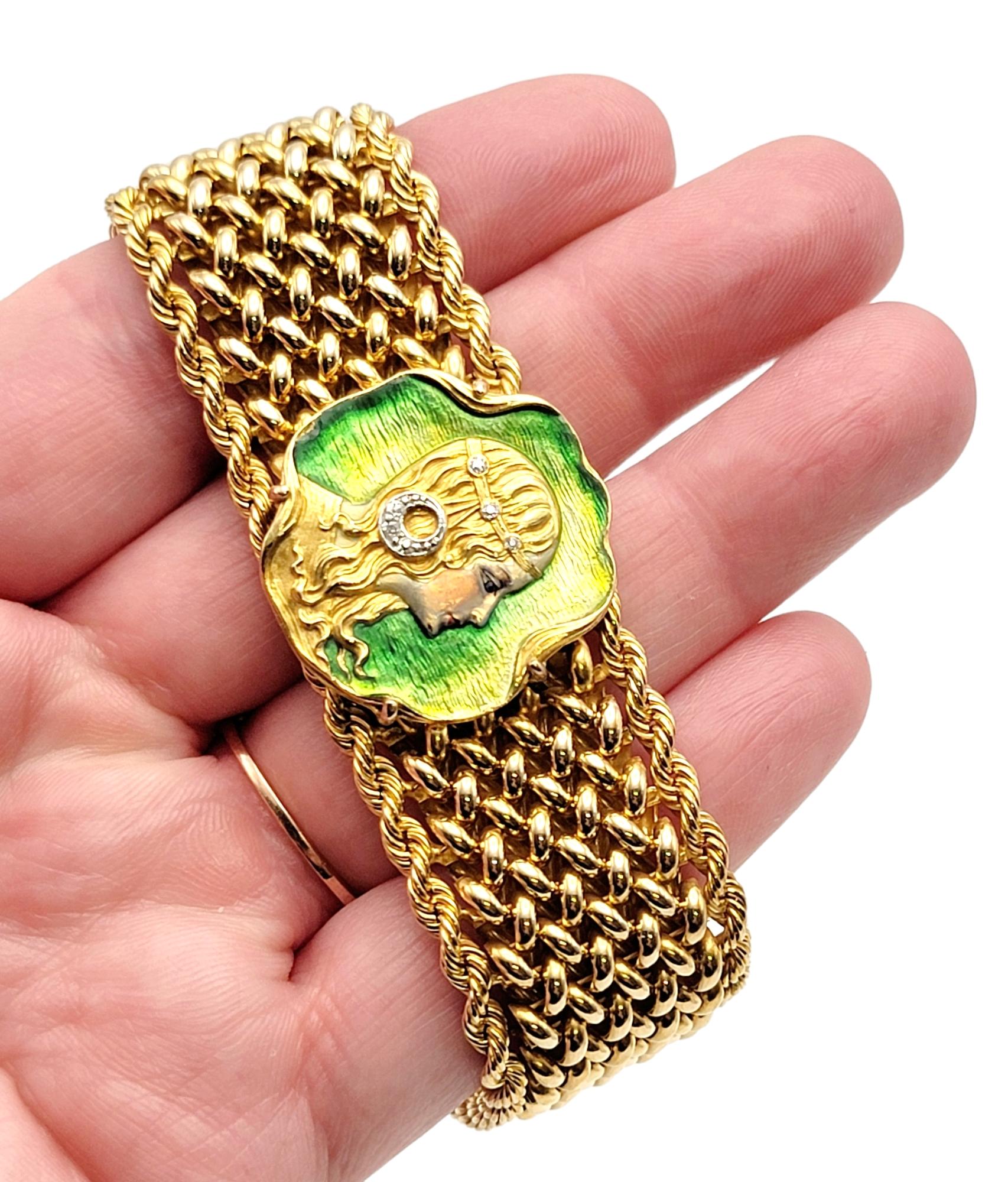 Vintage 14 Karat Gold Art Nouveau Enamel Portrait Mesh Bracelet with Diamonds For Sale 7