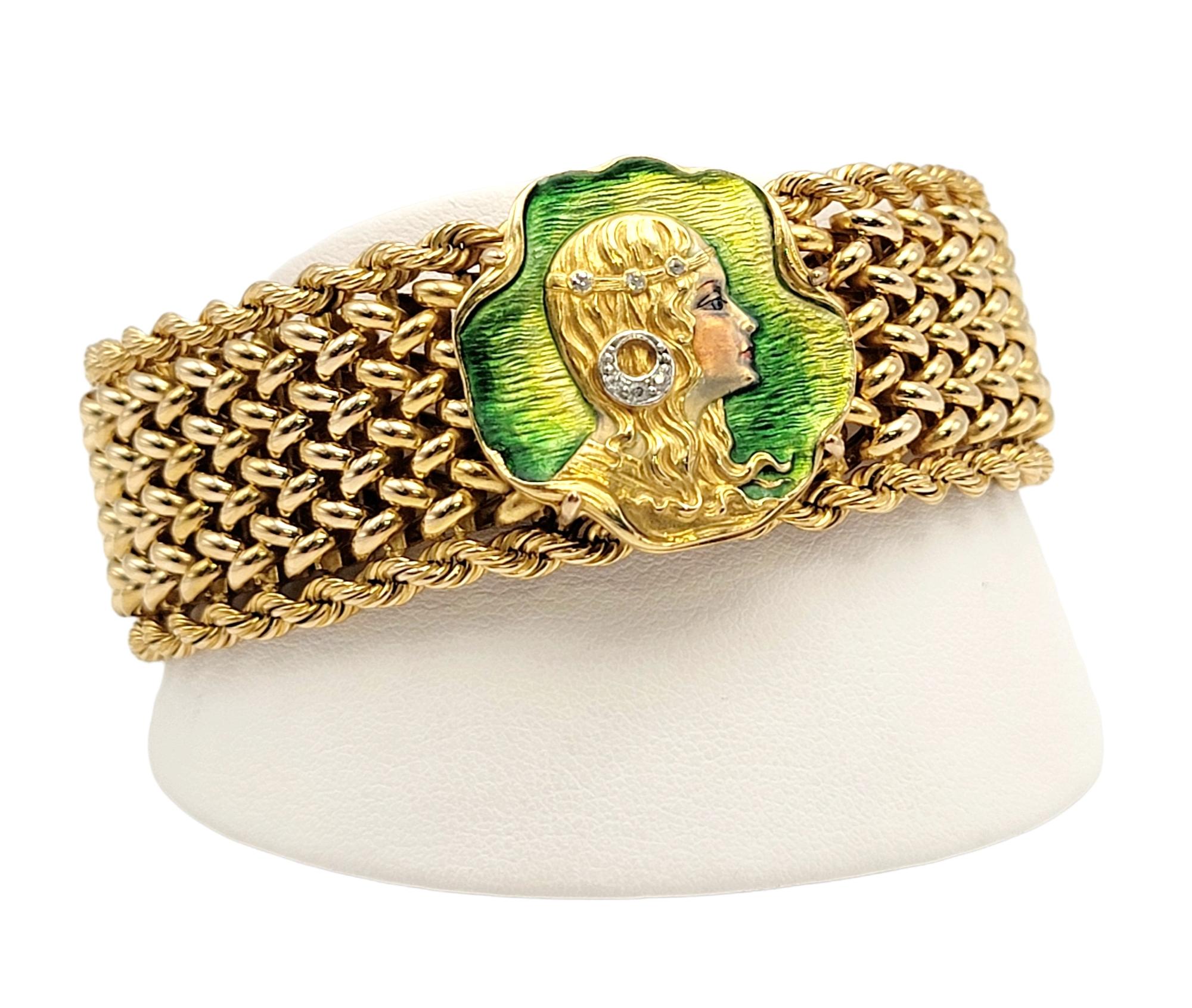 Vintage 14 Karat Gold Art Nouveau Enamel Portrait Mesh Bracelet with Diamonds For Sale 8