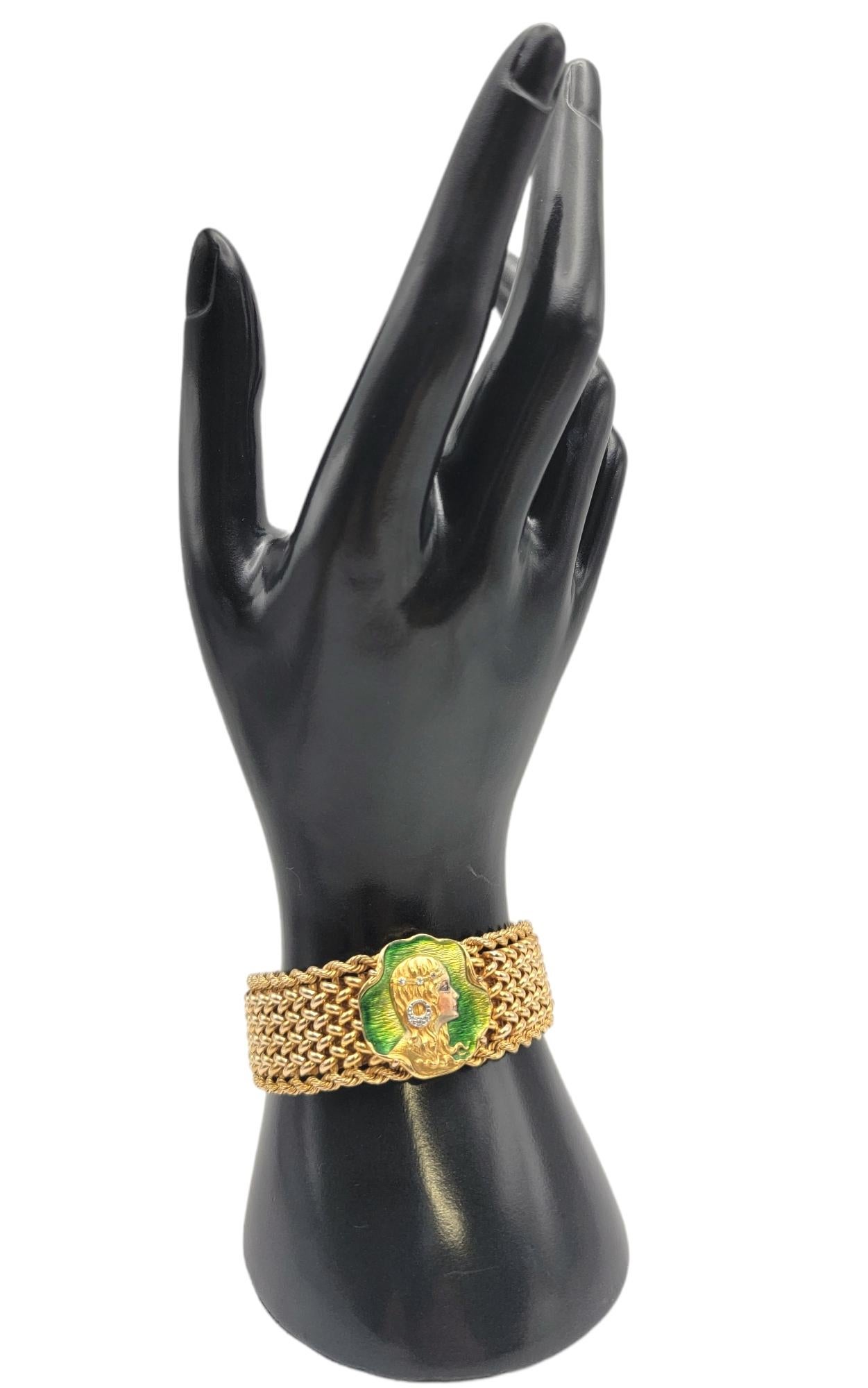 Vintage 14 Karat Gold Art Nouveau Enamel Portrait Mesh Bracelet with Diamonds For Sale 9