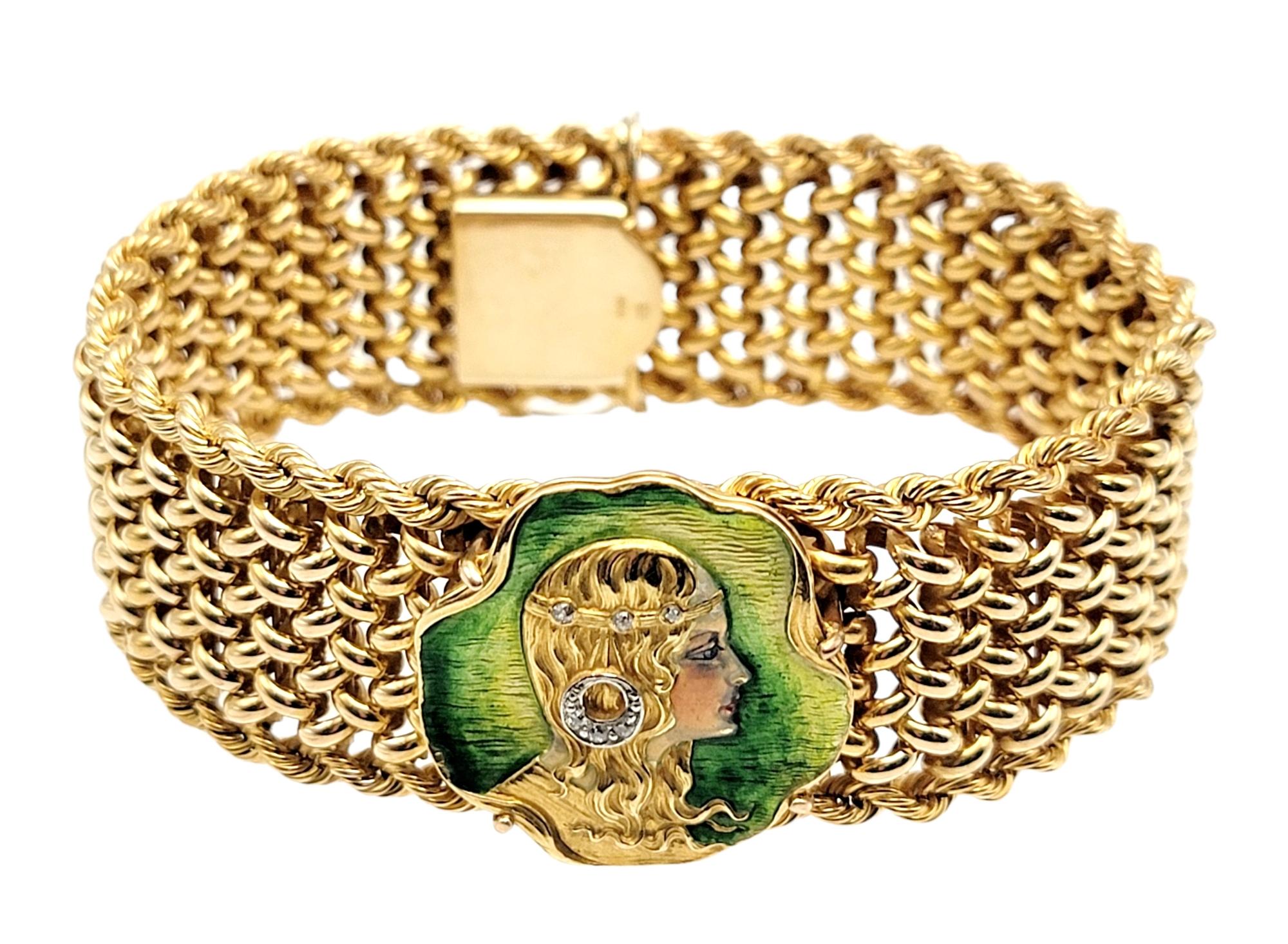 Taglio antico europeo Bracciale d'epoca in oro 14 carati Art Nouveau con smalto e diamanti in vendita