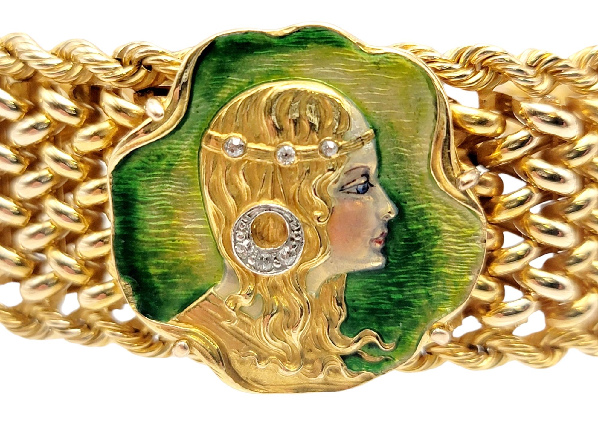 Old European Cut Vintage 14 Karat Gold Art Nouveau Enamel Portrait Mesh Bracelet with Diamonds For Sale