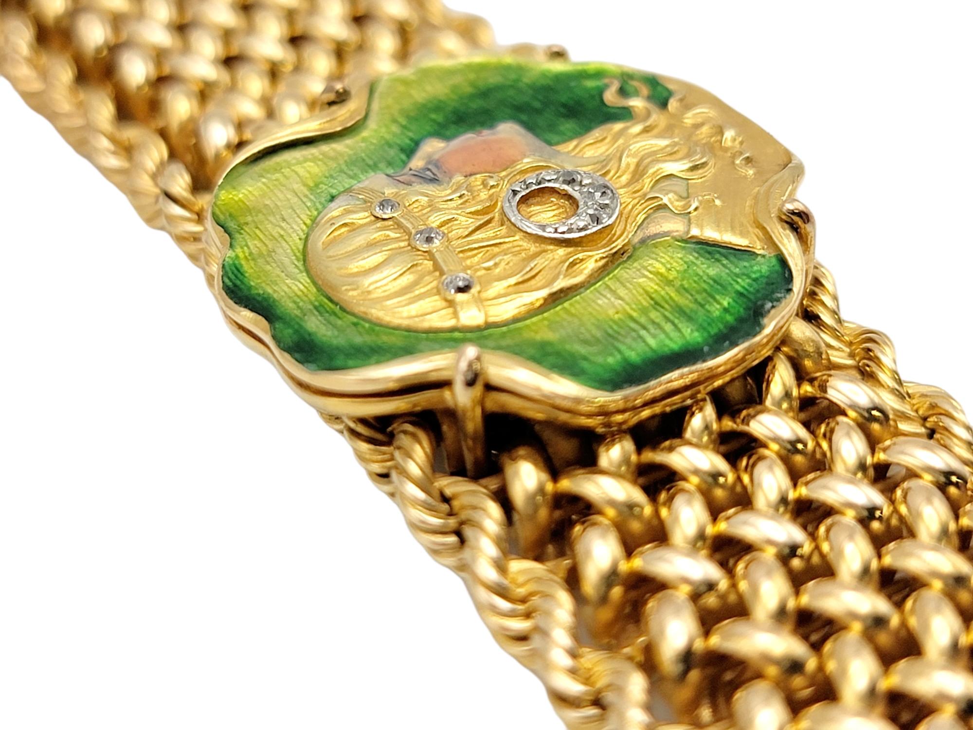 Donna Bracciale d'epoca in oro 14 carati Art Nouveau con smalto e diamanti in vendita