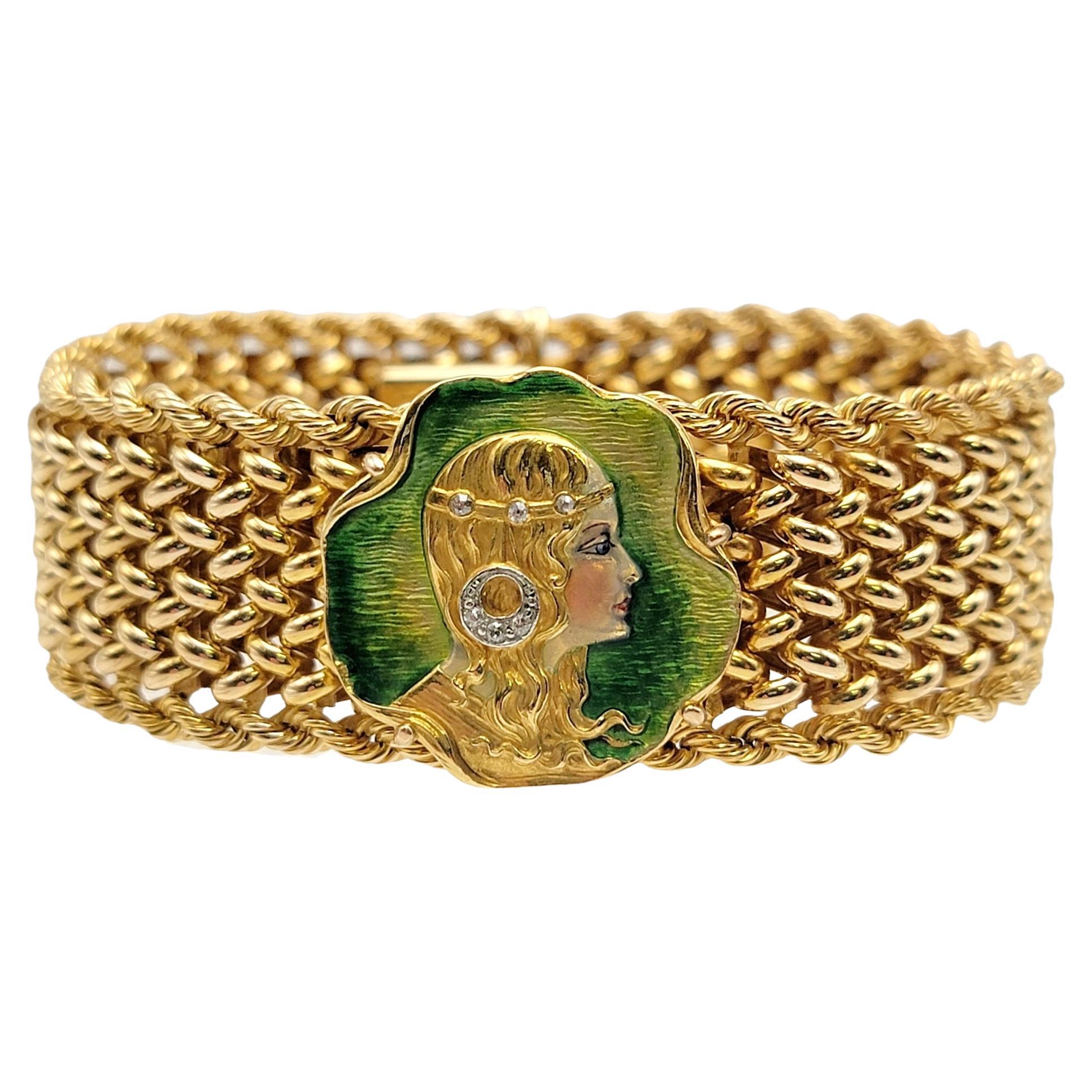 Vintage 14 Karat Gold Art Nouveau Enamel Portrait Mesh Bracelet with Diamonds For Sale