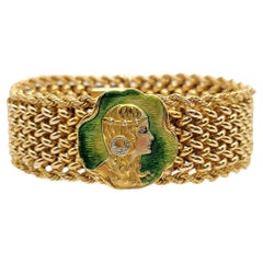 Vintage 14 Karat Gold Art Nouveau Enamel Portrait Mesh Bracelet with Diamonds