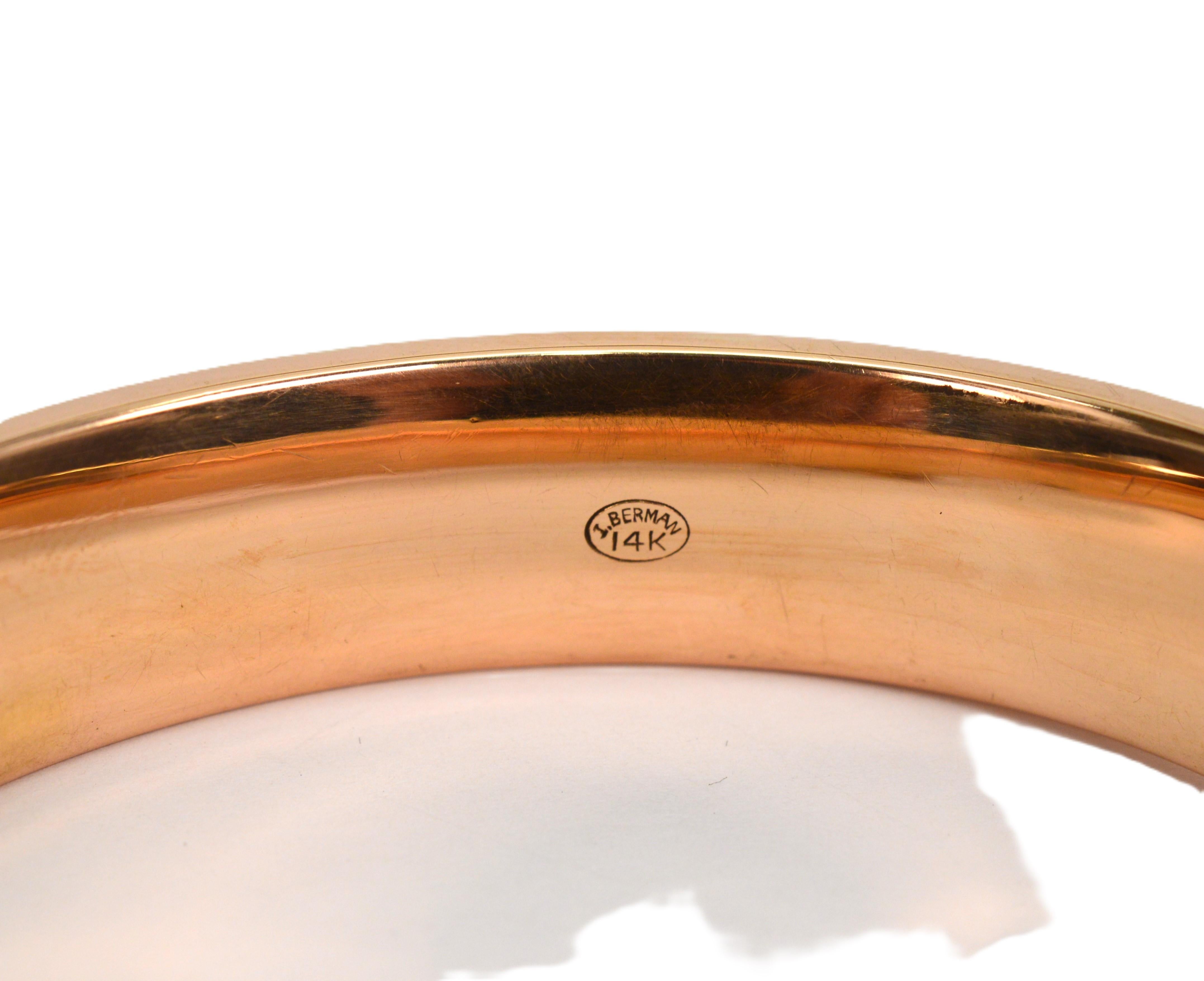 Vintage 14 Karat Gold Bangle Bracelet with Engraved Buckle Detail In Good Condition For Sale In Mount Kisco, NY