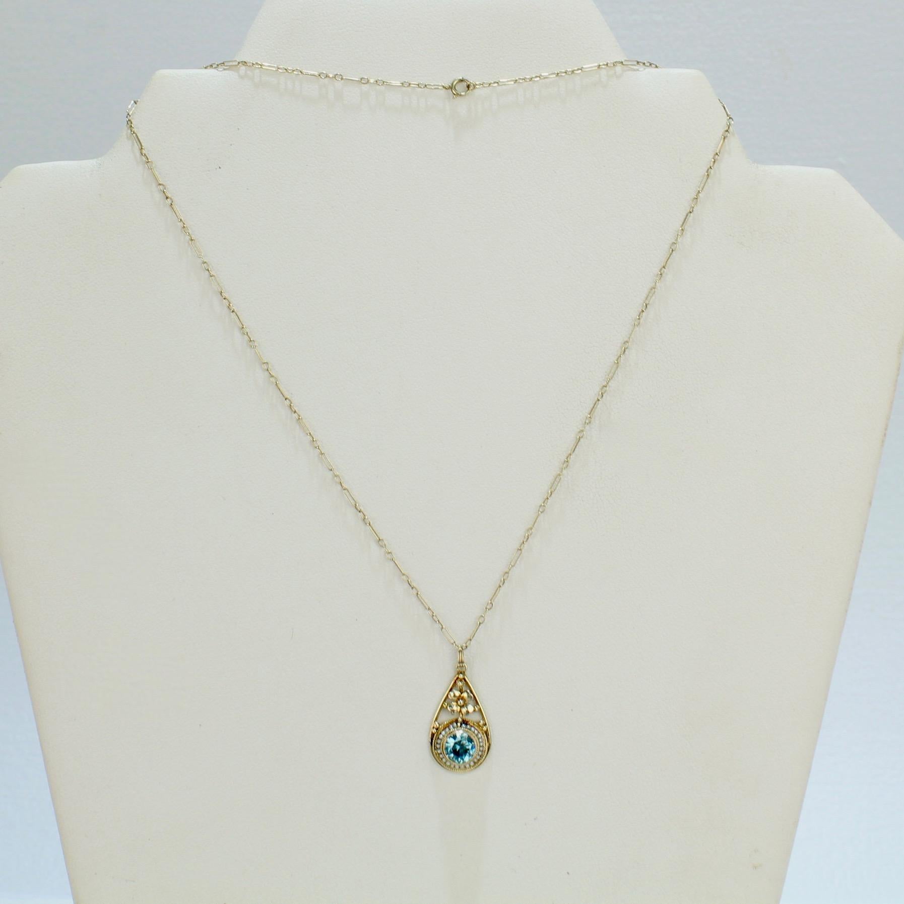 Women's or Men's Vintage 14 Karat Gold Blue Topaz & Pearl Teardrop Shape Necklace