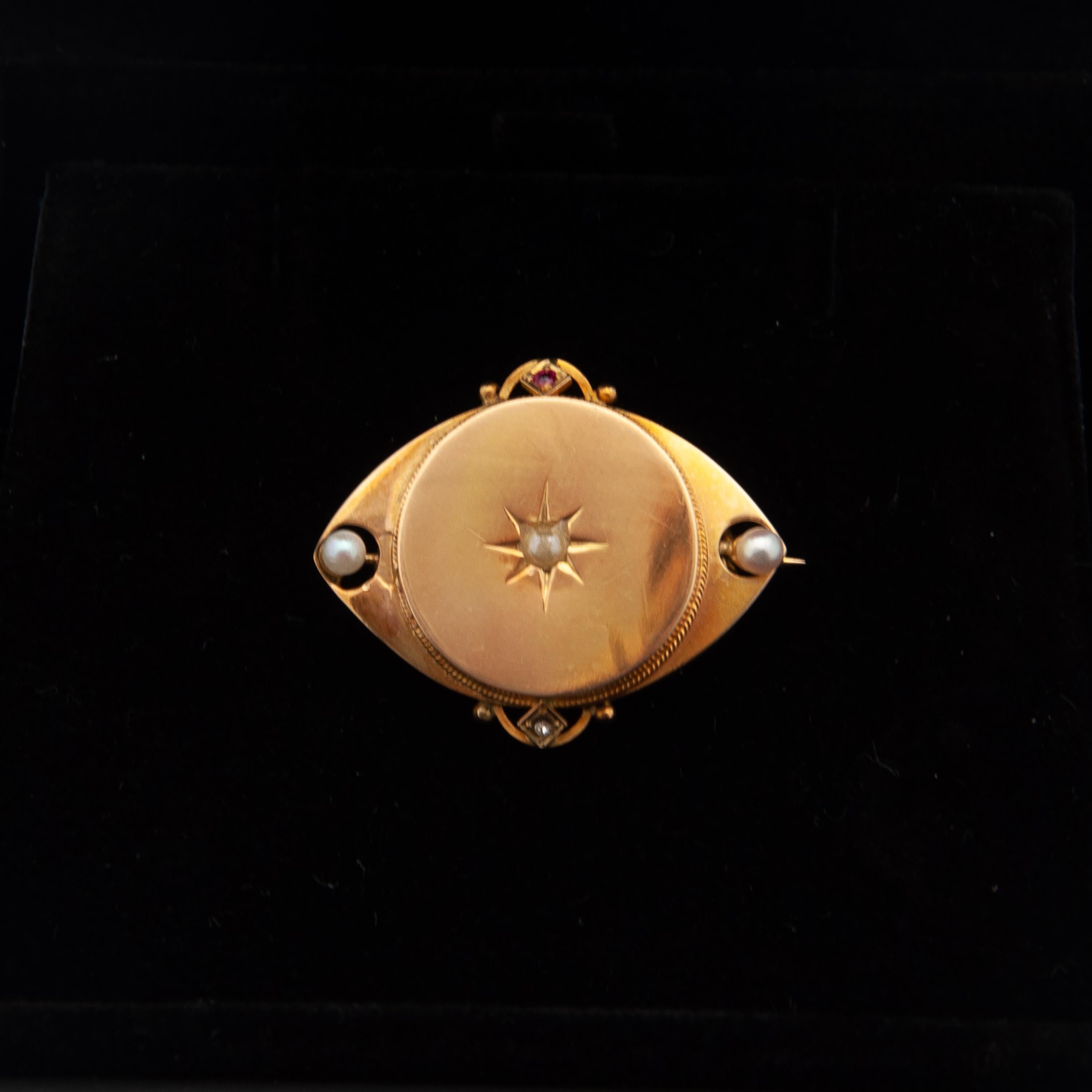 Art Nouveau Diamond Ruby and Pearls 14 Karat Yellow Gold Brooch