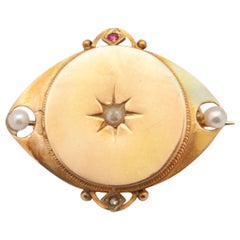 Diamond Ruby and Pearls 14 Karat Yellow Gold Brooch