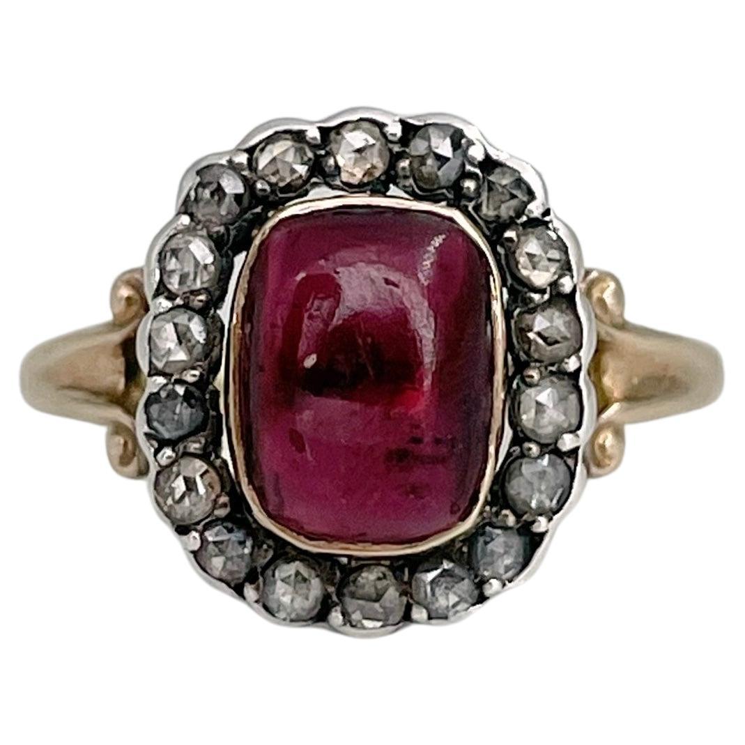 Vintage 14 Karat Gold Cabochon Cut Garnet Rose Cut Diamond Cluster Ring