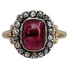 Vintage 14 Karat Gold Cabochon Cut Garnet Rose Cut Diamond Cluster Ring
