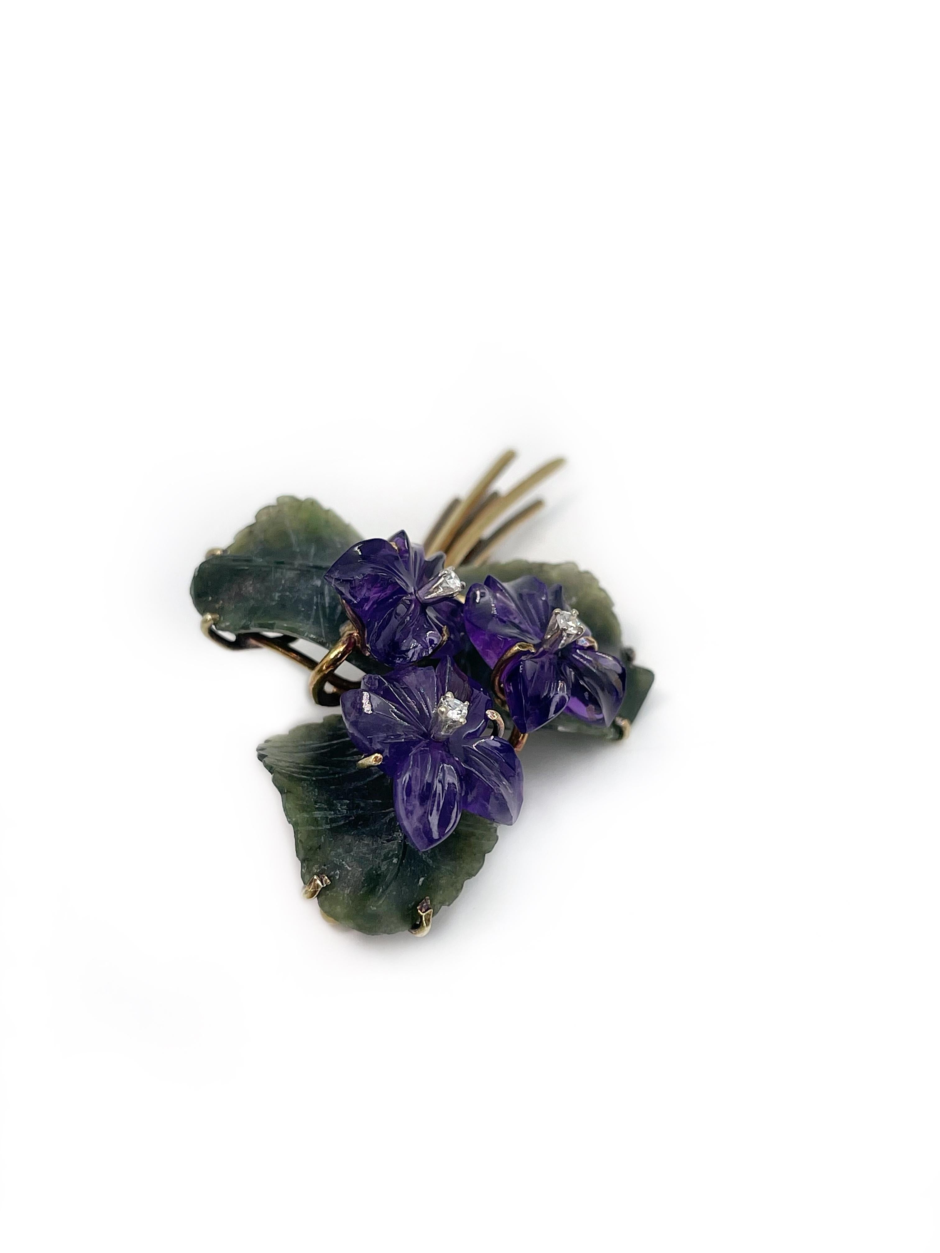 This is a lovely entirely handmade brooch depicting a sweet bouquet of violets. Circa 1950. It is crafted in 14K yellow gold. Violets are made of amethyst with diamond (TW 0.05ct, RW-W, VS-SI) on each and the leaves are carved from antigorite. The