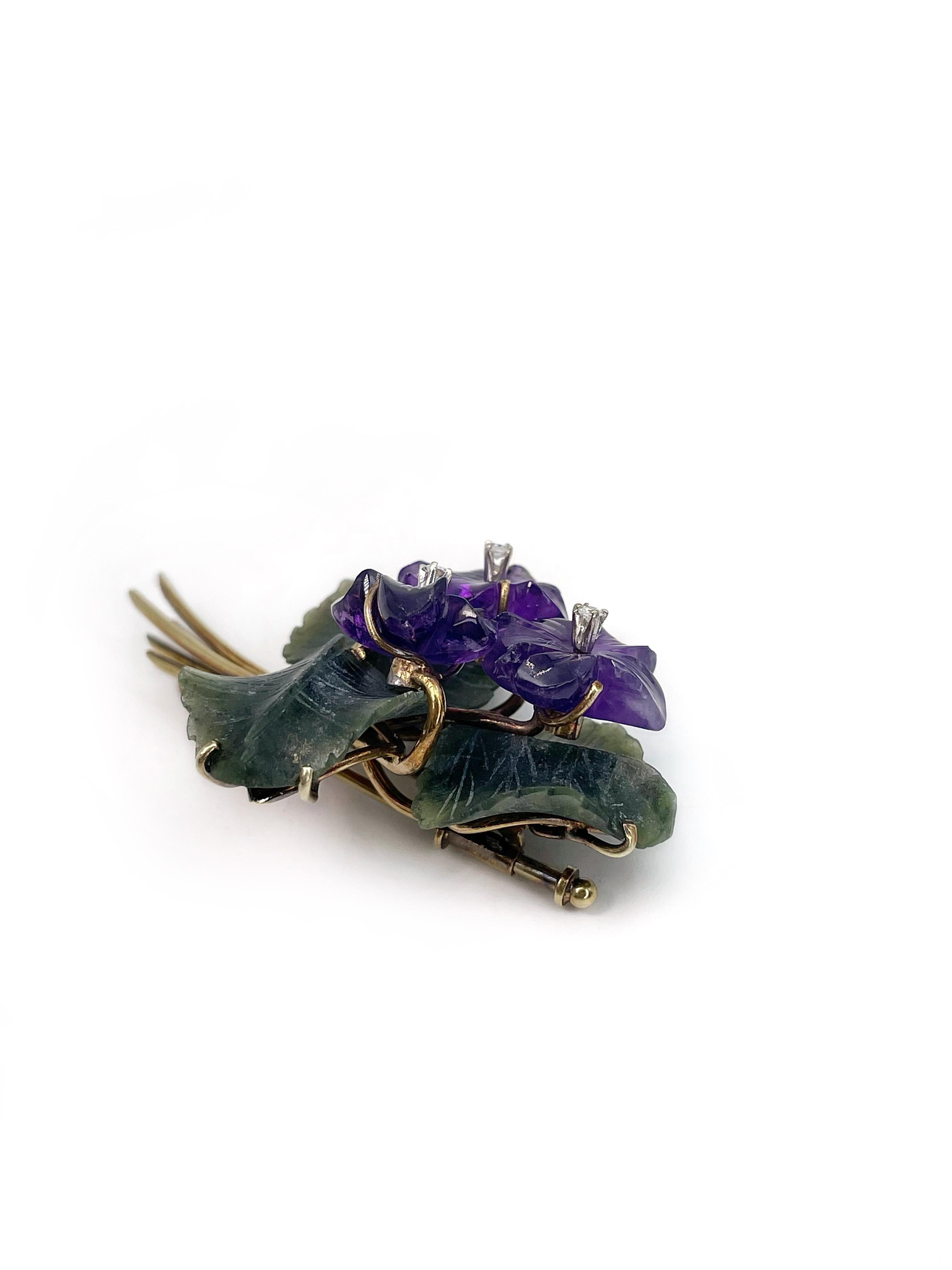 Modern Vintage 14 Karat Gold Carved Amethyst Antigorite Diamond Violet Flower Brooch