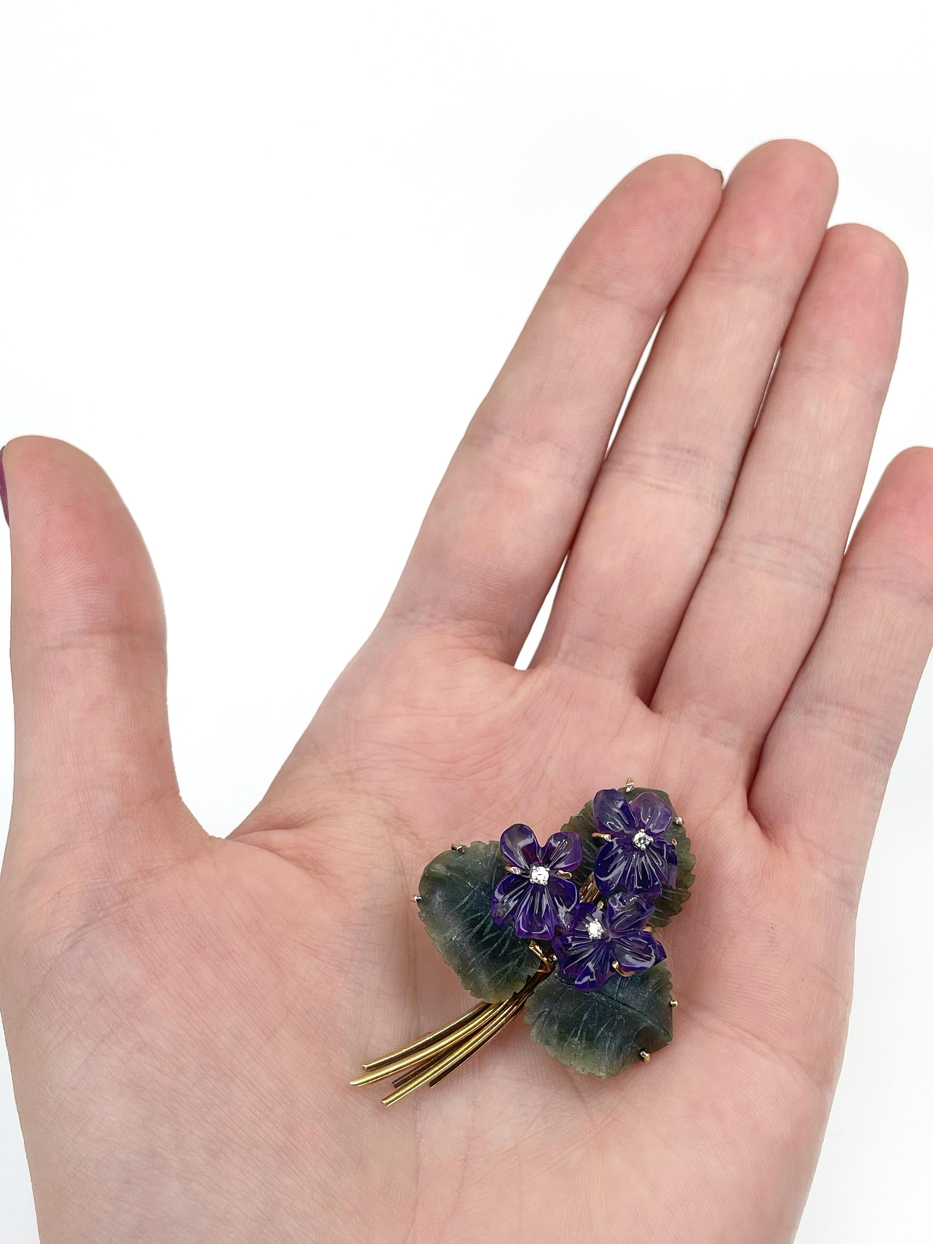 Women's Vintage 14 Karat Gold Carved Amethyst Antigorite Diamond Violet Flower Brooch