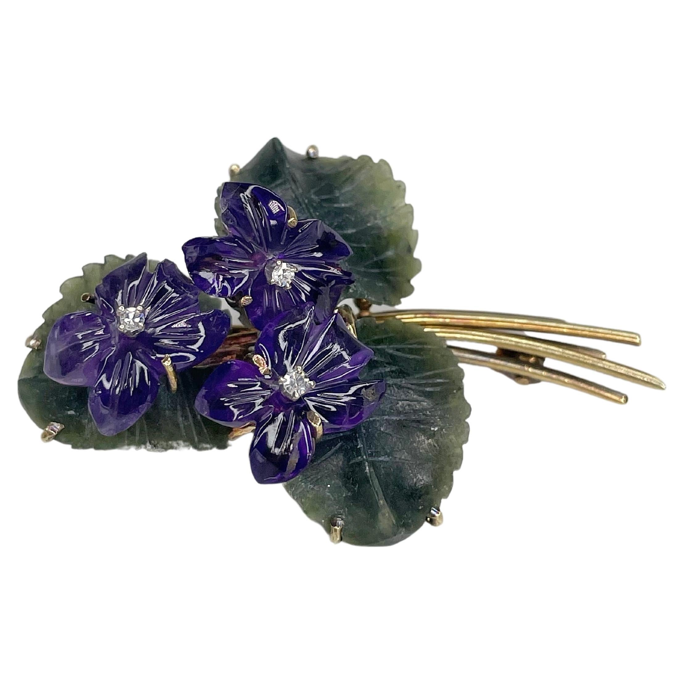 Vintage 14 Karat Gold Carved Amethyst Antigorite Diamond Violet Flower Brooch