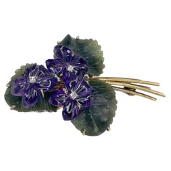 Vintage 14 Karat Gold Carved Amethyst Jade Diamond Violet Flower Bouquet Brooch