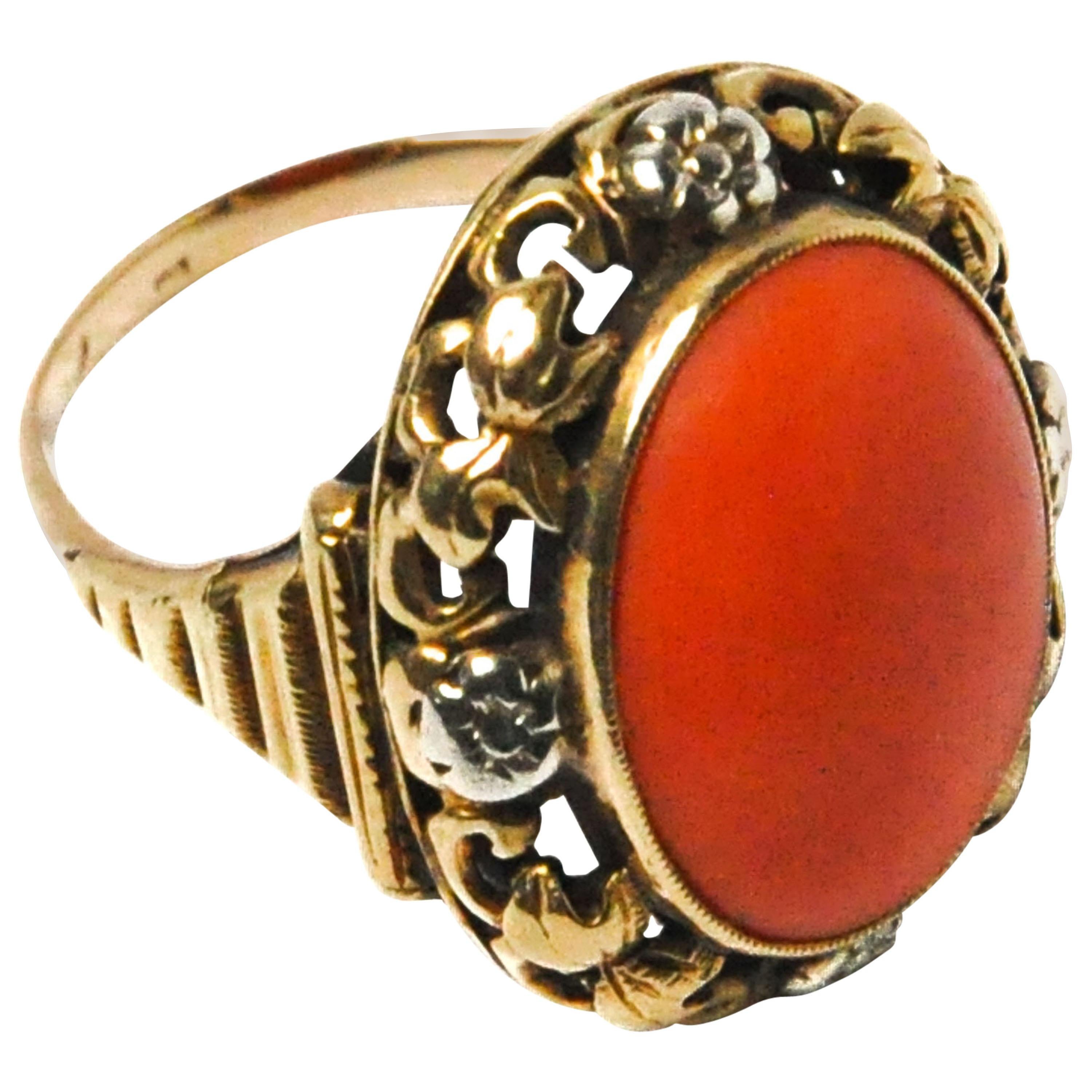 14 Karat Gold Red Coral Cabochon Ring