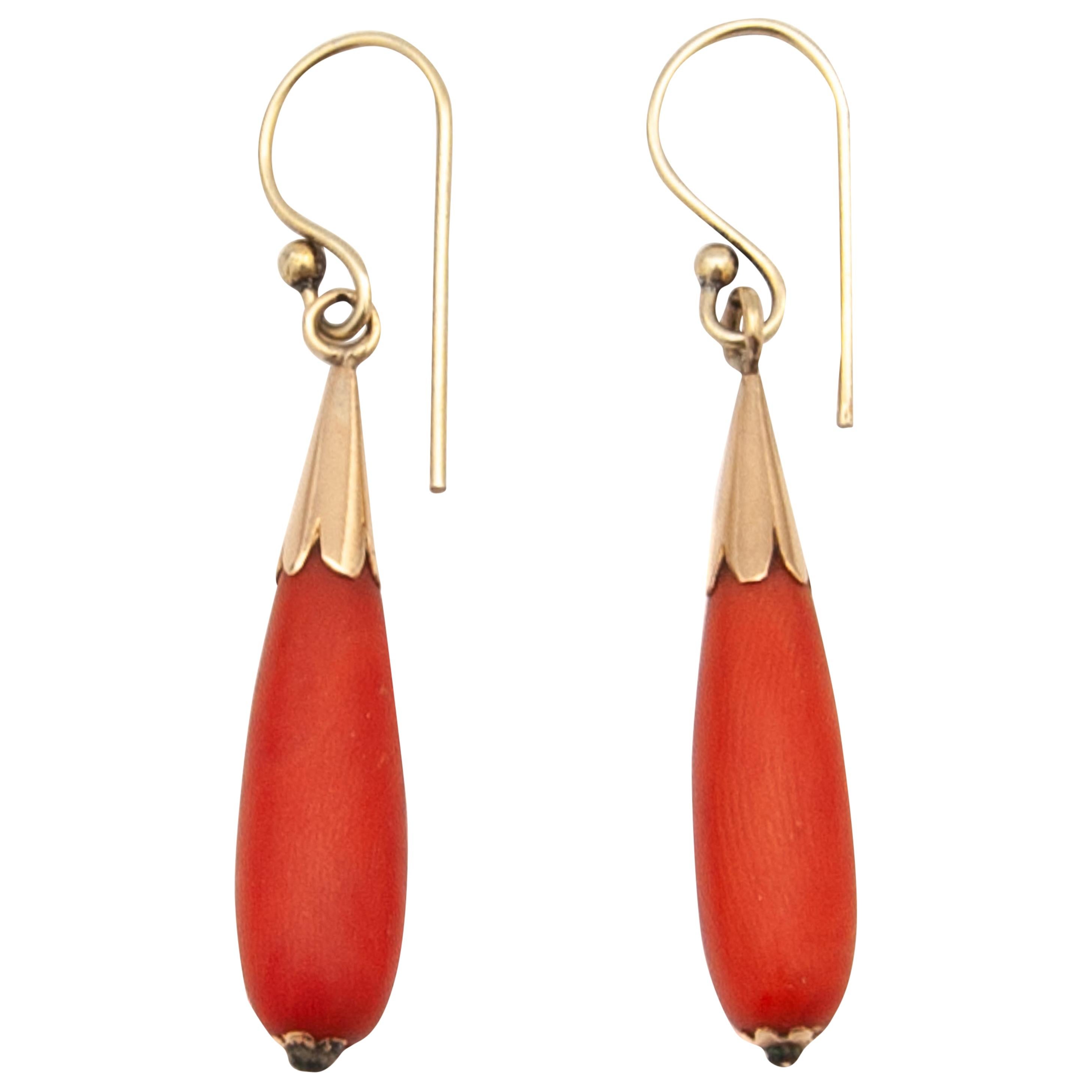 14K Gold Coral Pendant Dangle Earrings