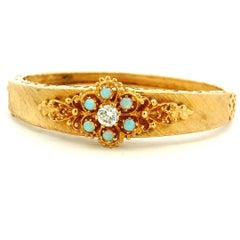 Bracciale rigido vintage a cerniera con motivi floreali in oro 14 carati, diamanti e opale