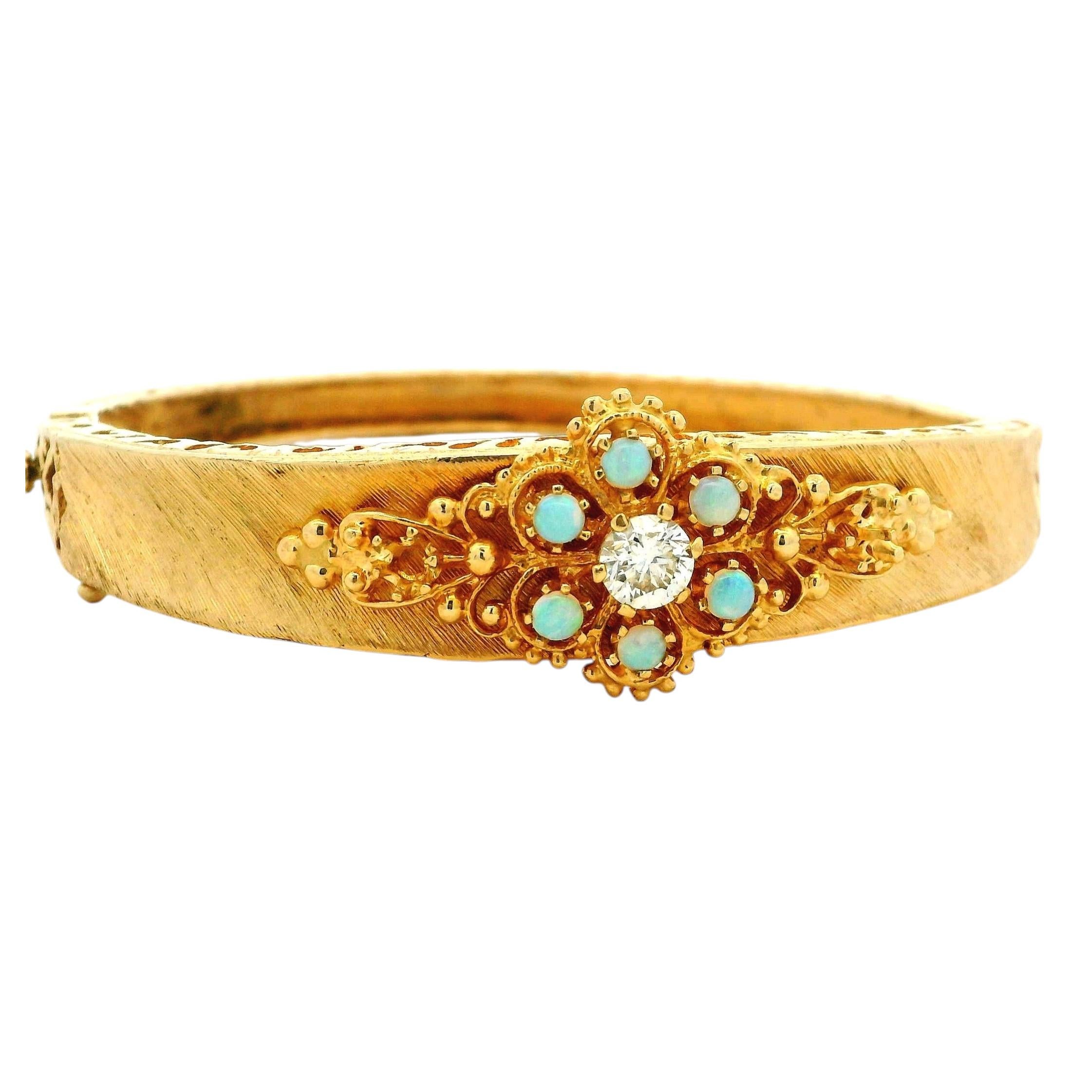 Vintage 14 Karat Gold Diamond and Opal Floral Hinged Bangle Bracelet
