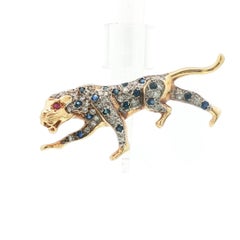 Vintage 14 Karat Gold Diamond and Sapphire Leopard Brooch