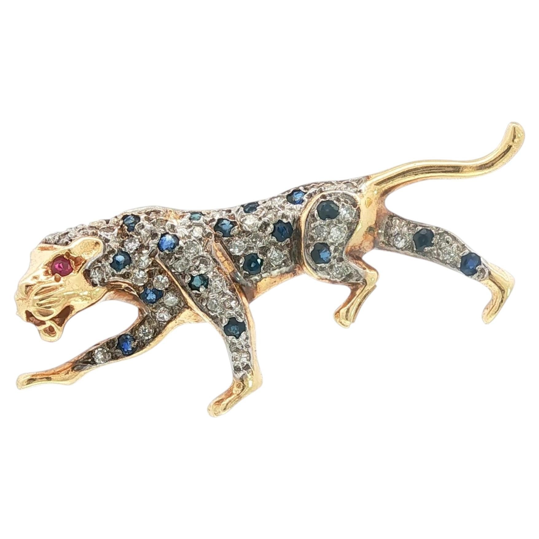Vintage 14 Karat Gold Diamond and Sapphire Leopard Brooch