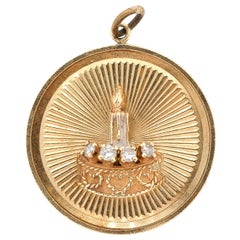 Vintage 14 Karat Gold Diamond Birthday Cake Round Disc Charm