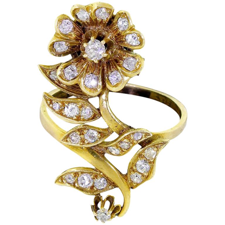Vintage 14 Karat Gold Diamond Victorian Flower Floral Ring For Sale at ...