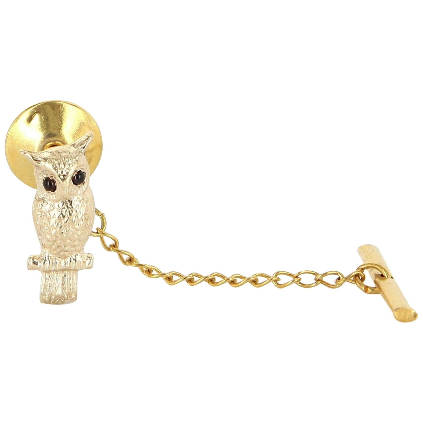 Vintage 14 Karat Gold Garnet Men’s Owl Animal Bird Tie Tac Pin Estate Jewelry