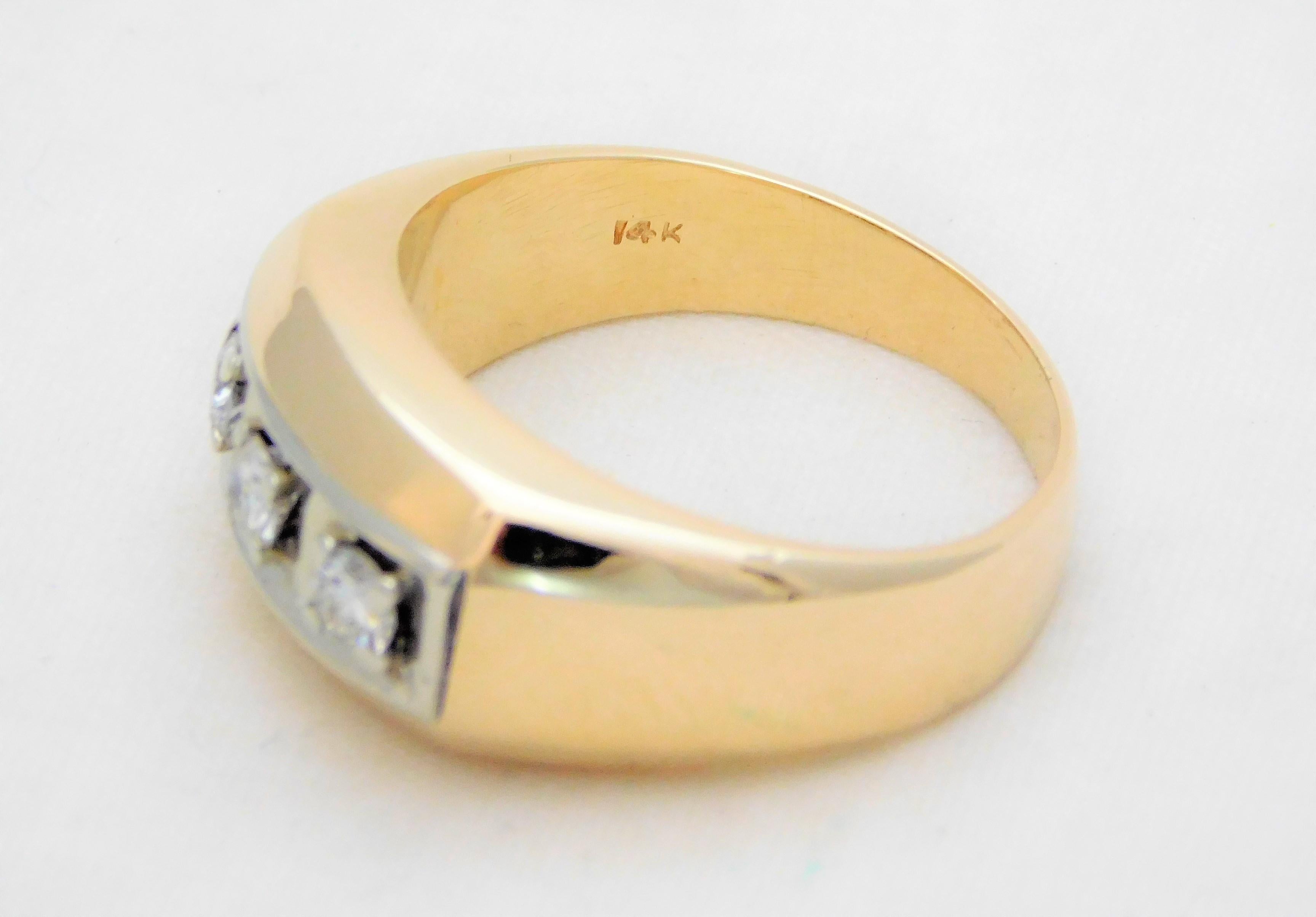 Modern Vintage 14 Karat Gold Gentleman’s Three-Stone Diamond Ring For Sale