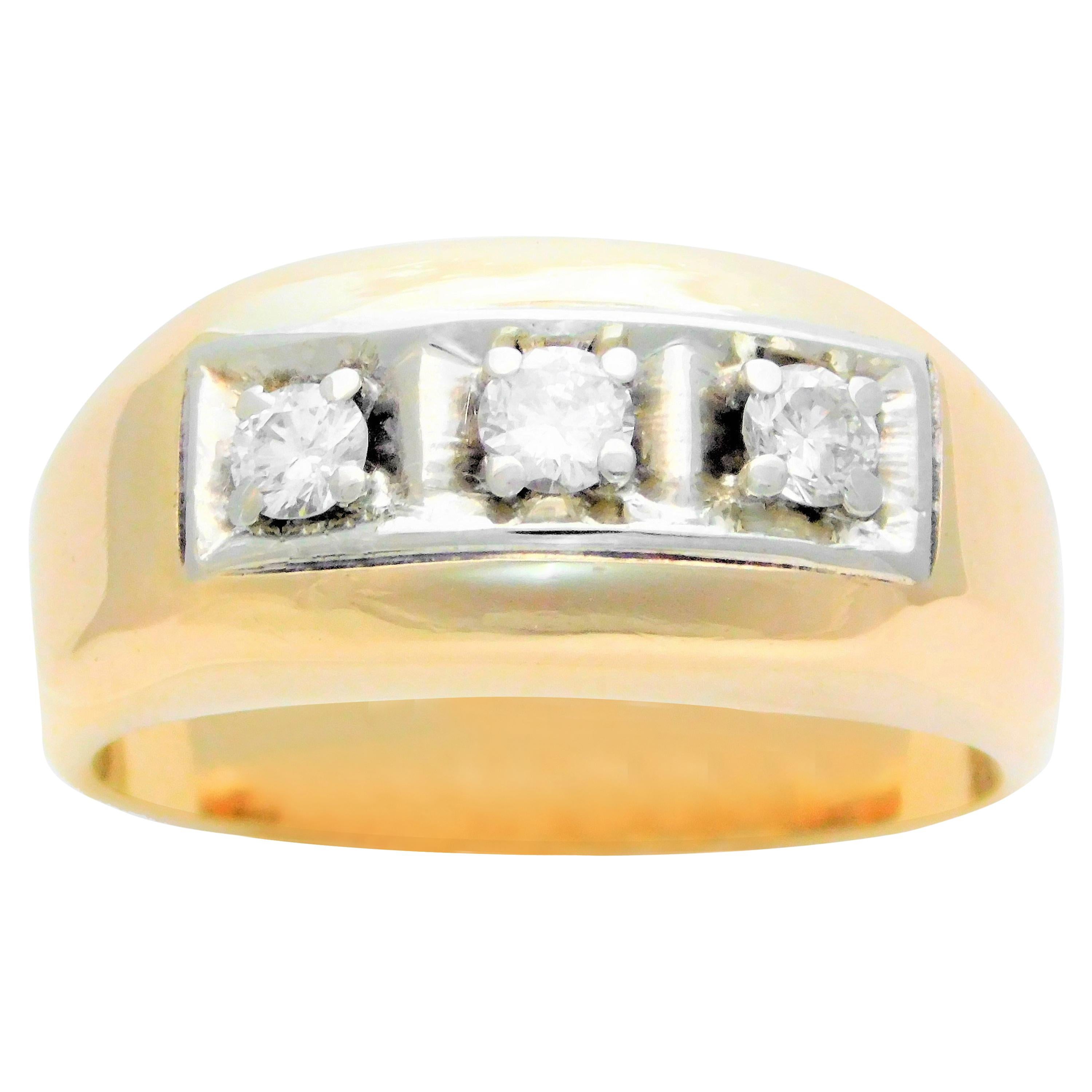 Vintage 14 Karat Gold Gentleman’s Three-Stone Diamond Ring For Sale