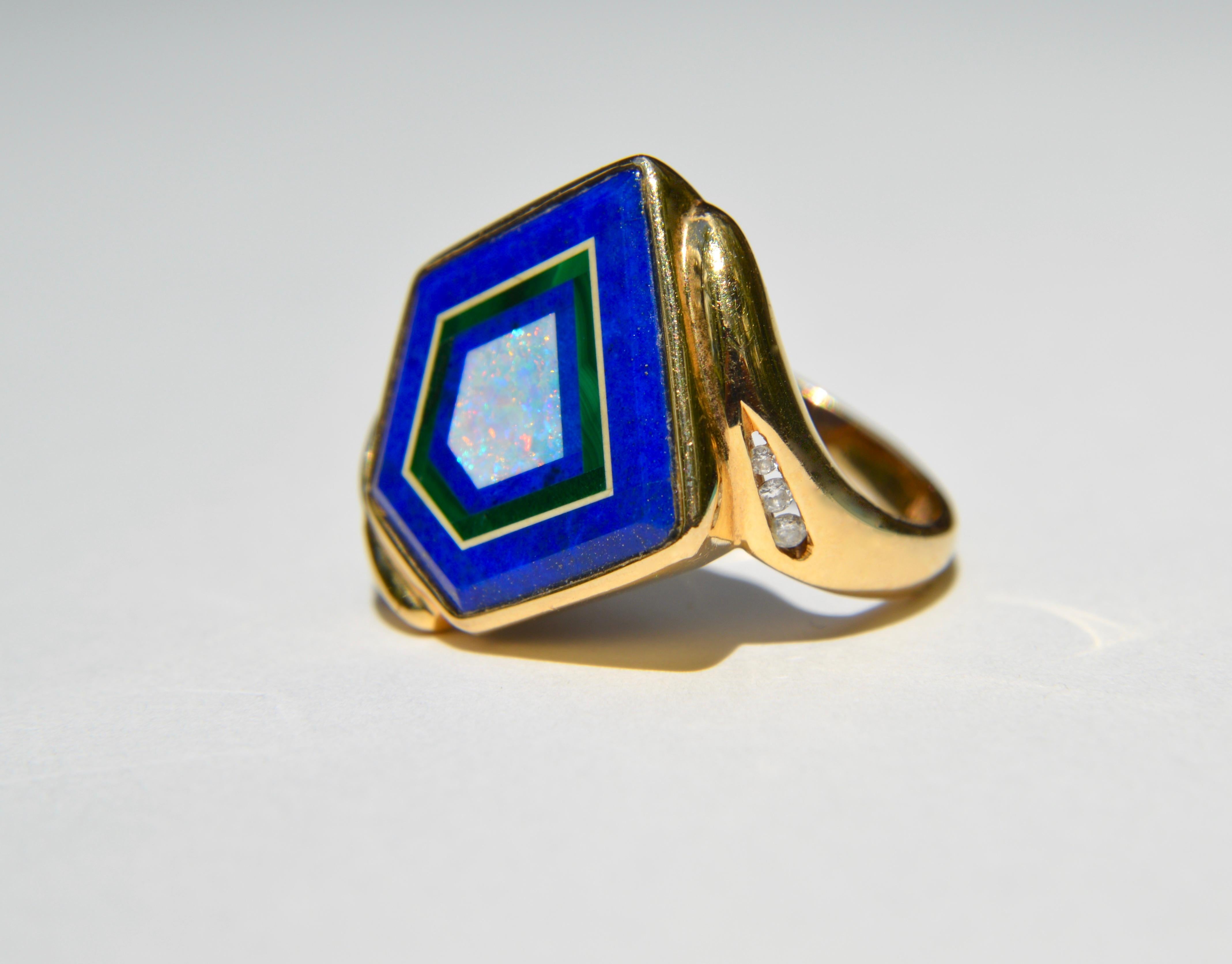 Modernist Vintage 14 Karat Gold Lapis Malachite Opal Inlay Geometric Ring