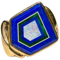 Vintage 14 Karat Gold Lapis Malachite Opal Inlay Geometric Ring