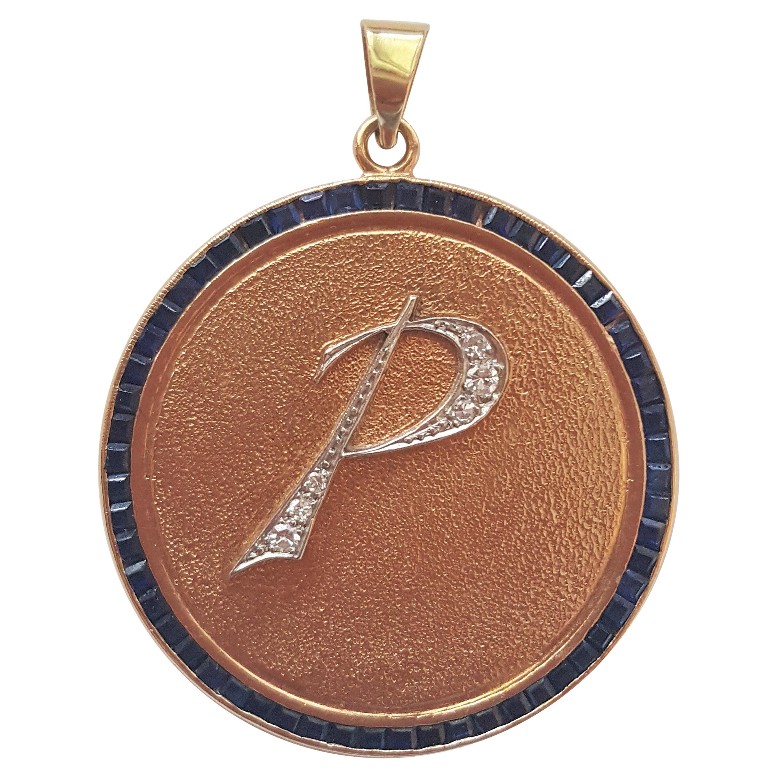 Vintage 14 Karat Gold Medallion Initial "P" Pendant, Diamonds, Sapphires 16.7 Gr For Sale