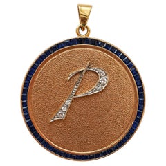Vintage 14 Karat Gold Medallion Initial "P" Pendant, Diamonds, Sapphires 16.7 Gr