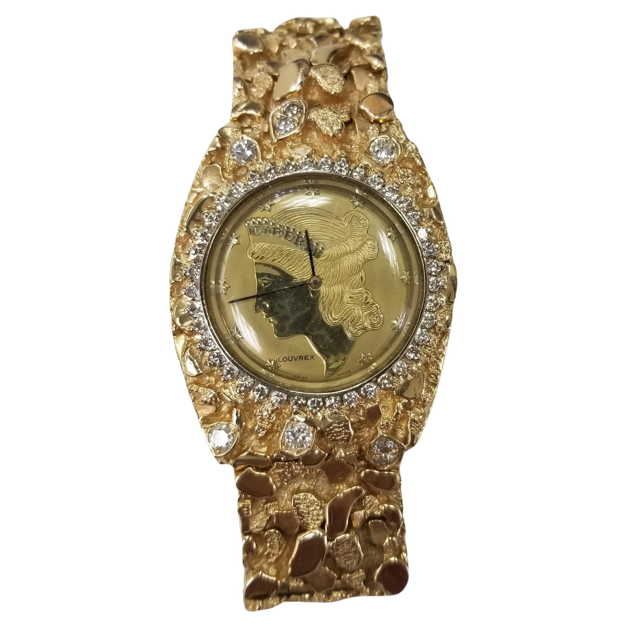 VIntage Montre pour homme en or 14 carats avec bracelet "Nugget" et diamants "Louvrex en vente