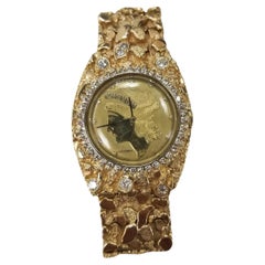  VIntage 14 Karat Gold Men's "Nugget" Bracelet and Diamond "Louvrex" Watch