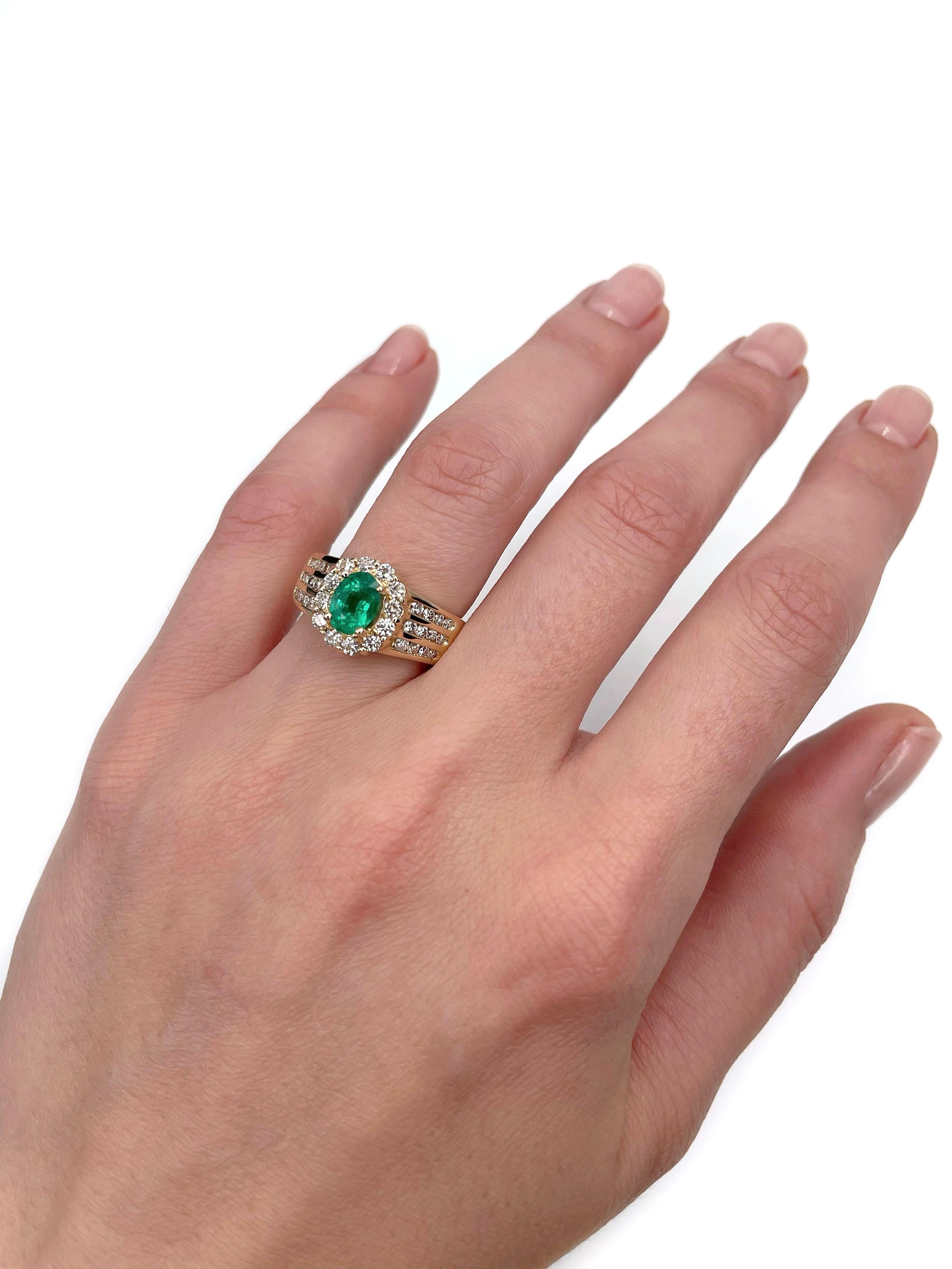 This is a lovely vintage cluster ring crafted in 14K slightly yellow gold. Circa 1980. 

The piece features:
- 1 emerald: oval cut, 0.90ct, vslbG 5/4, P1
- 36 diamonds: round brilliant cut, TW 0.85ct, RW-W, VS-SI. 

Weight: 6.74g
Size: 17 (US