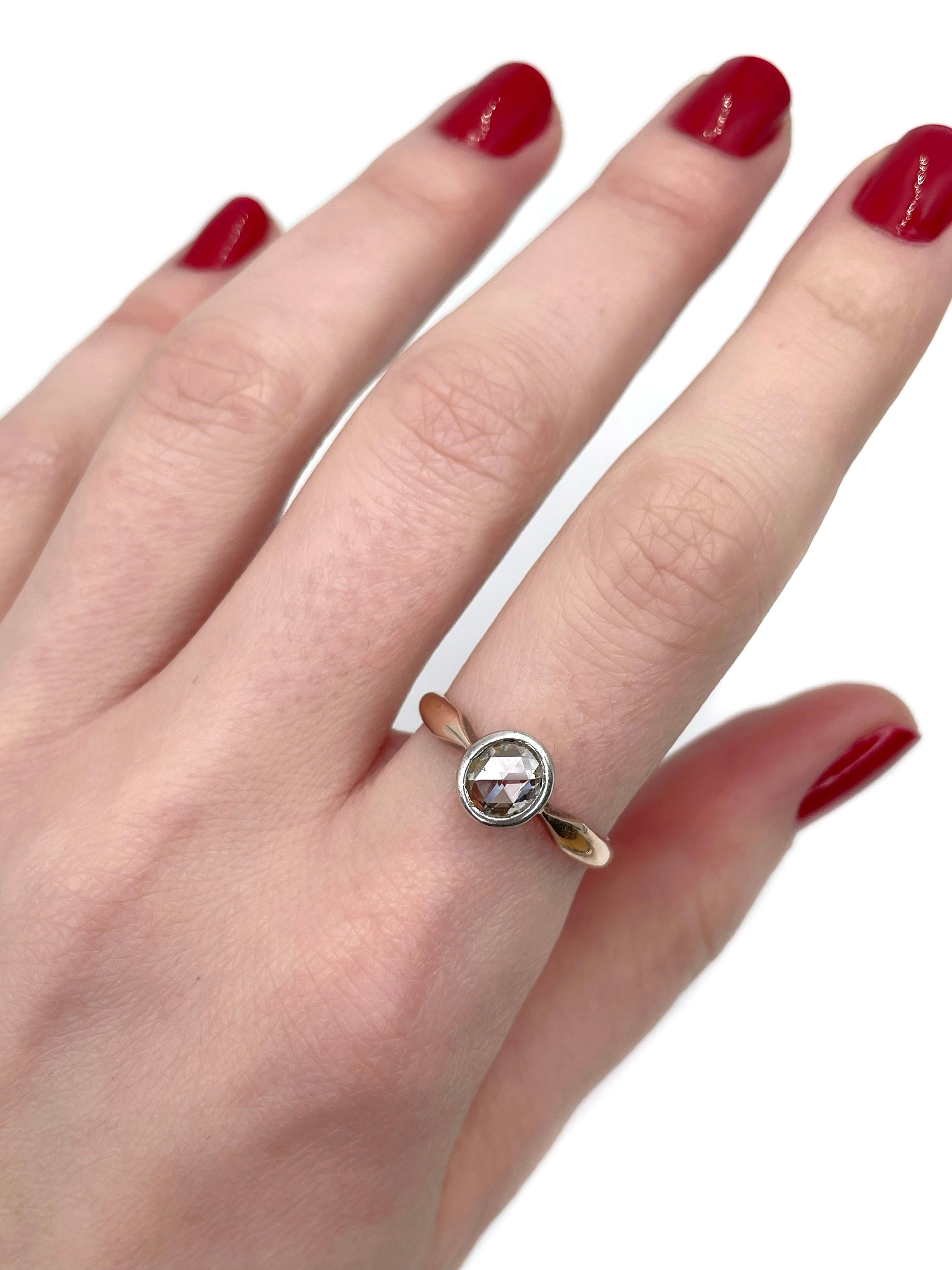 This is a vintage solitaire ring crafted in 9K gold and 925 silver. Circa 1960. 

The piece features rose cut diamond: 0.50ct, STW, P1.

Has an inscription inside the shank (see the last photo). 

Weight: 2.59g
Size: 18 (US 7.75)

IMPORTANT: please