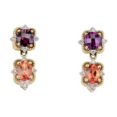 Vintage 14 Karat Gold Two-Color Garnet and Diamond Drop Earrings, 1980s