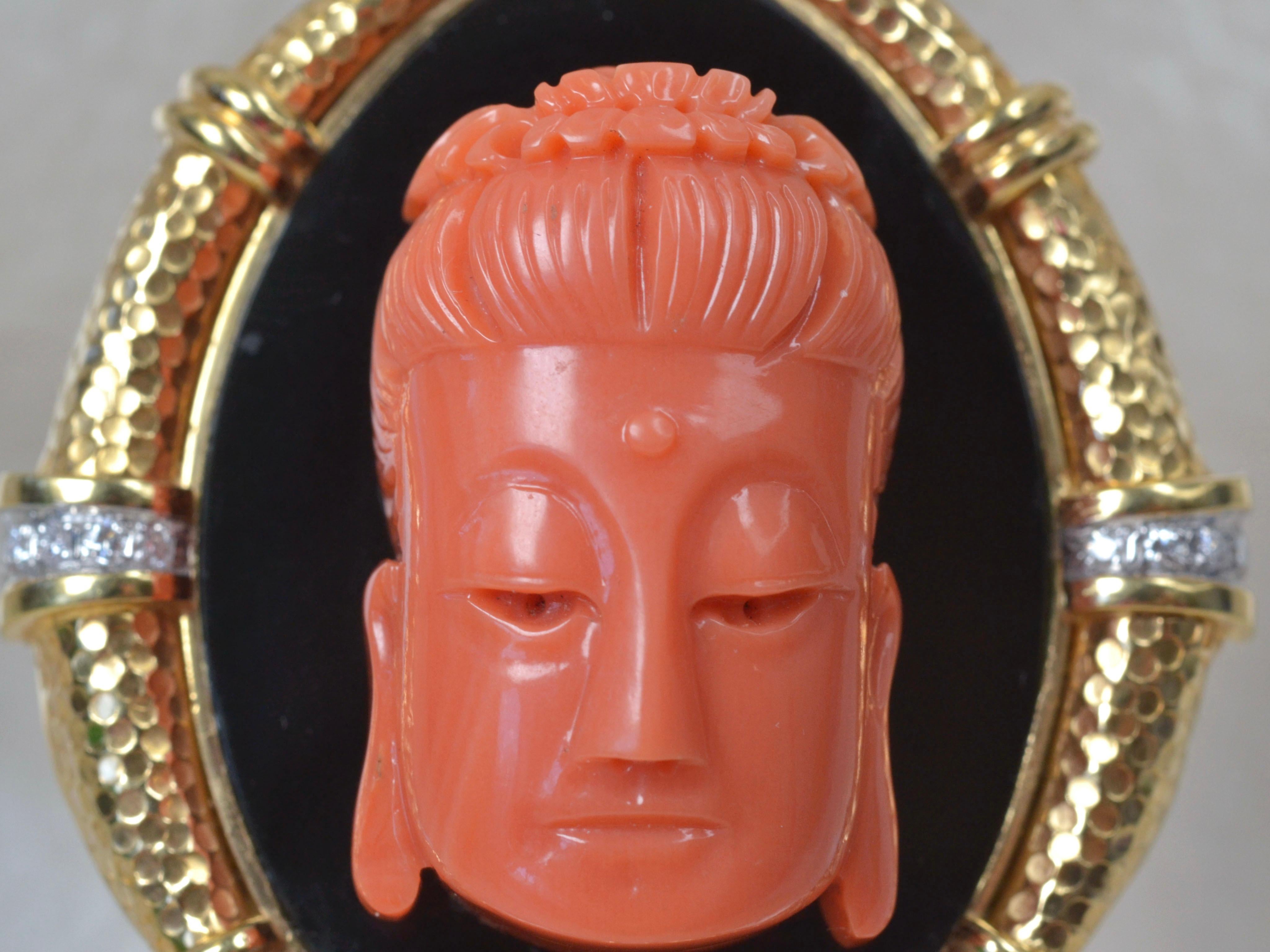 Round Cut Vintage 14 Karat Gold, White Diamond, Coral and Black Onyx Buddha Pendant For Sale