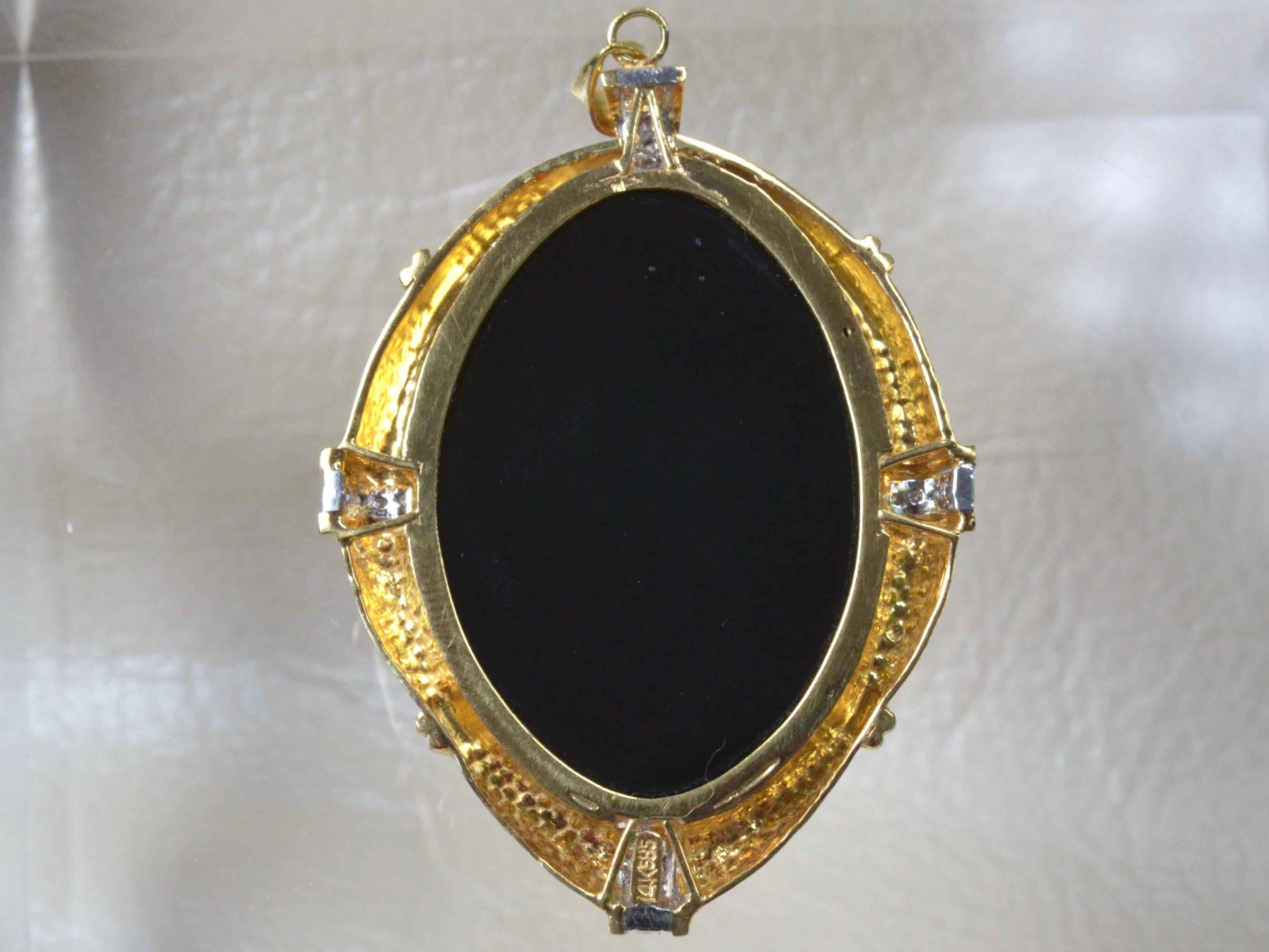 Women's or Men's Vintage 14 Karat Gold, White Diamond, Coral and Black Onyx Buddha Pendant For Sale
