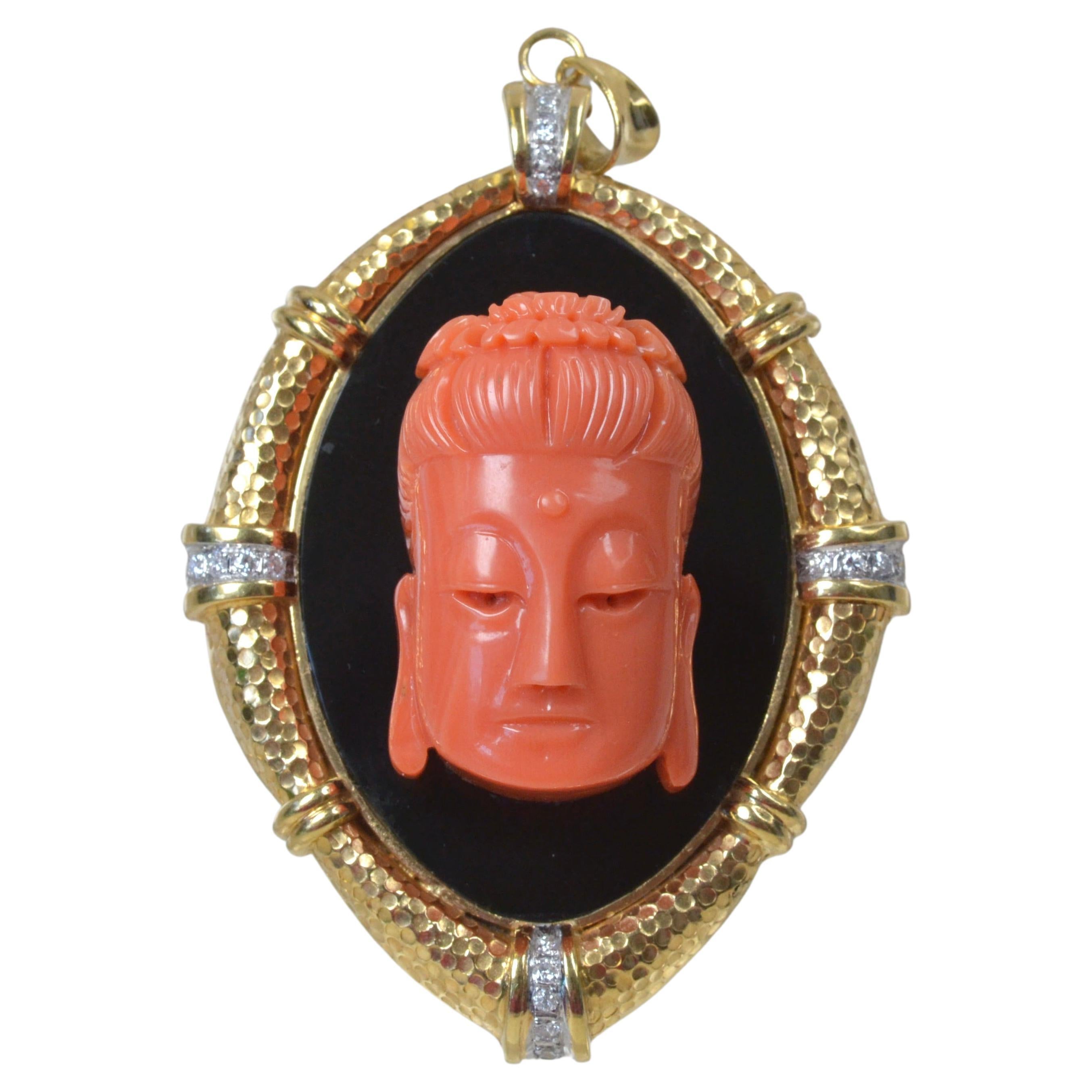 Vintage 14 Karat Gold, White Diamond, Coral and Black Onyx Buddha Pendant For Sale