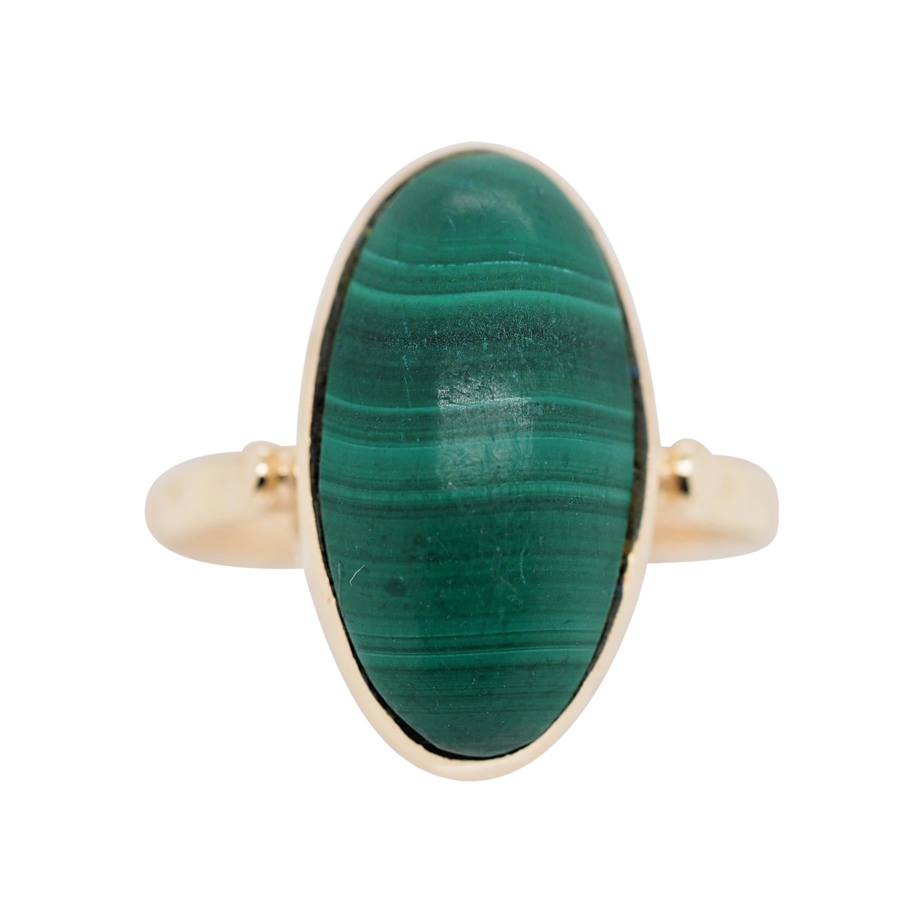 Vintage 14 Karat Gold with Marquise Cut Malachite Solitaire Ring