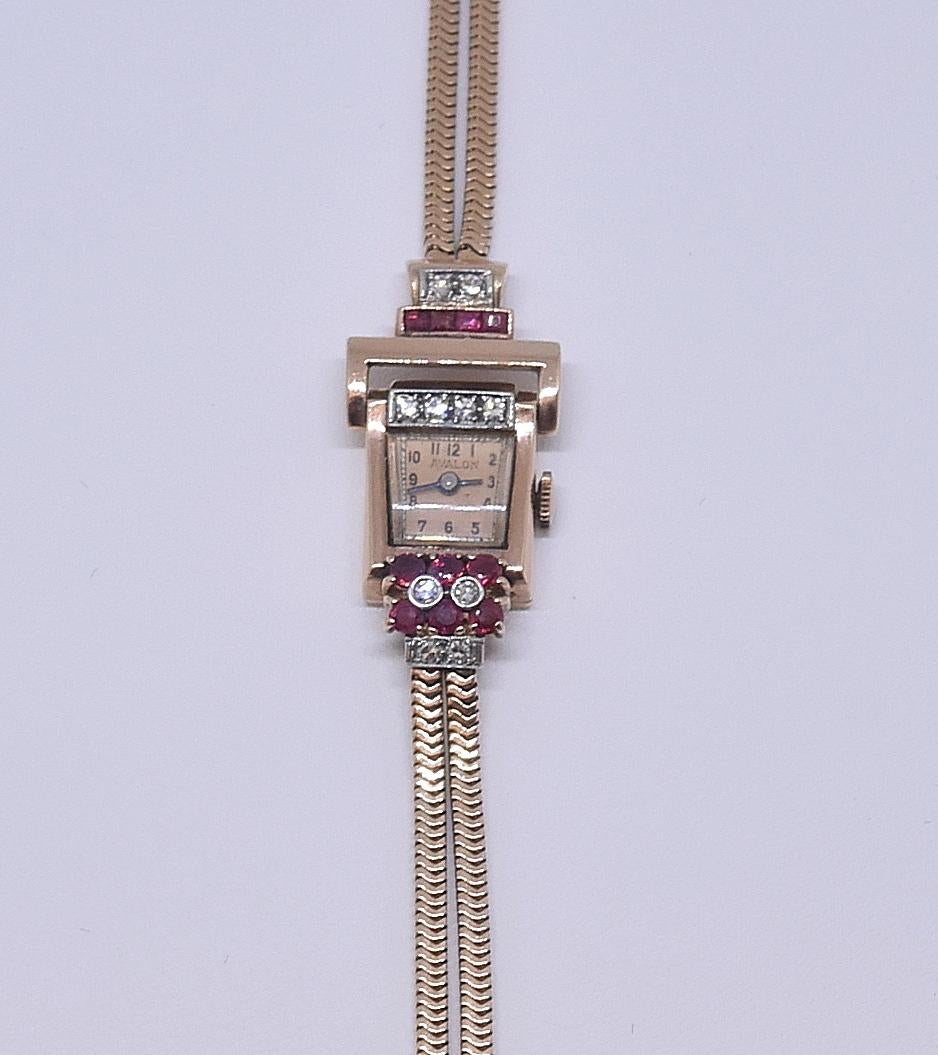 Vintage 14-Karat Ladies Rose Gold Diamond and Ruby Wristwatch, circa 1940s In Good Condition In Toledo, OH