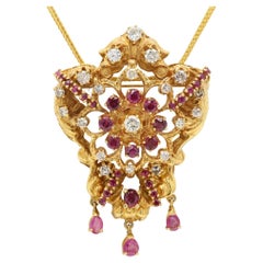 Vintage 14 Karat Necklace Pin Brooch Diamonds and Ruby  circa 1900's