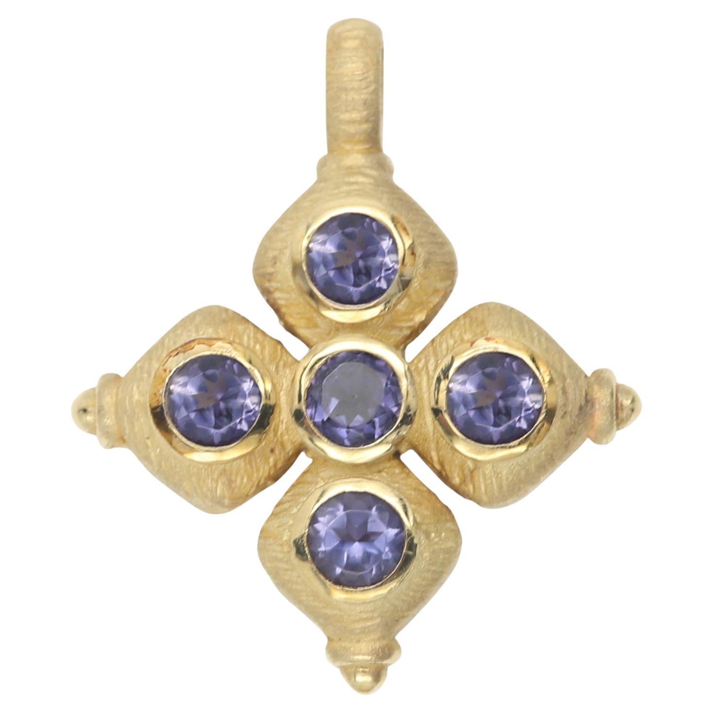 Vintage 14 Karat Purple Creek Kreuz natürlicher Tansanit massiv Gelbgold im Angebot